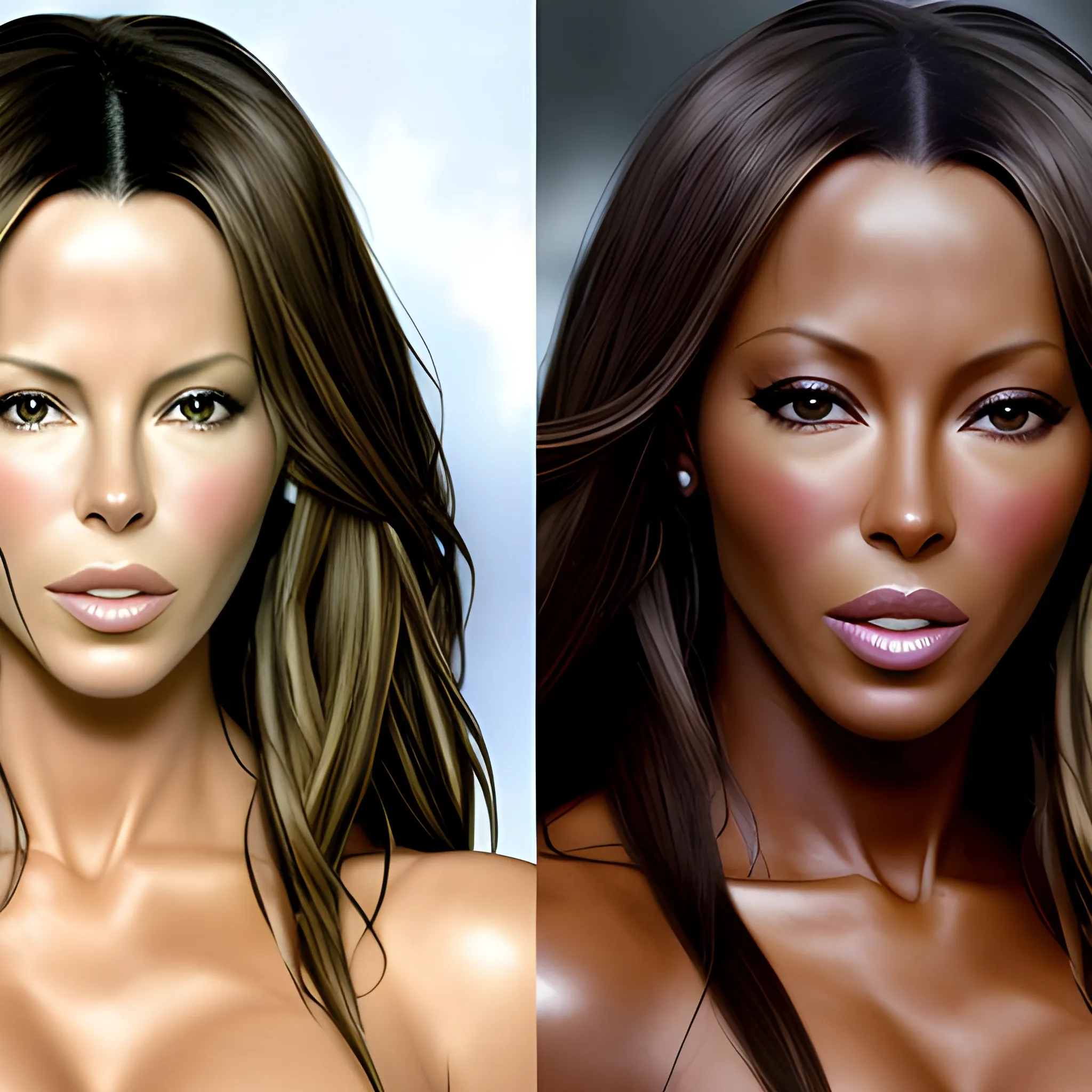 Foto retrato de morphing entre Kate Beckinsale y Naomi Campbell. Muchos detalles. , Alta definición. Foto realismo. HD