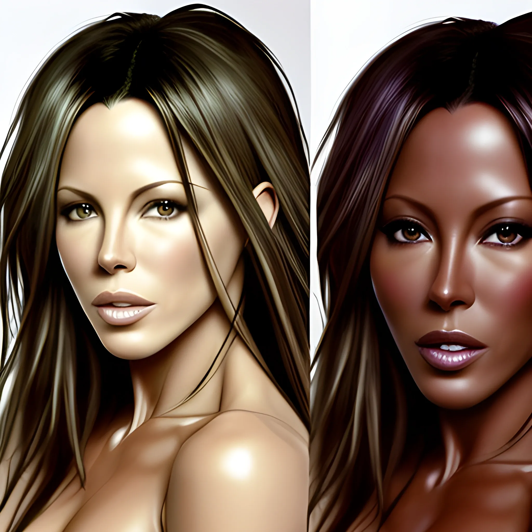 Foto retrato de morphing entre Kate Beckinsale y Naomi Campbell. Muchos detalles. , Alta definición. Foto realismo. HD