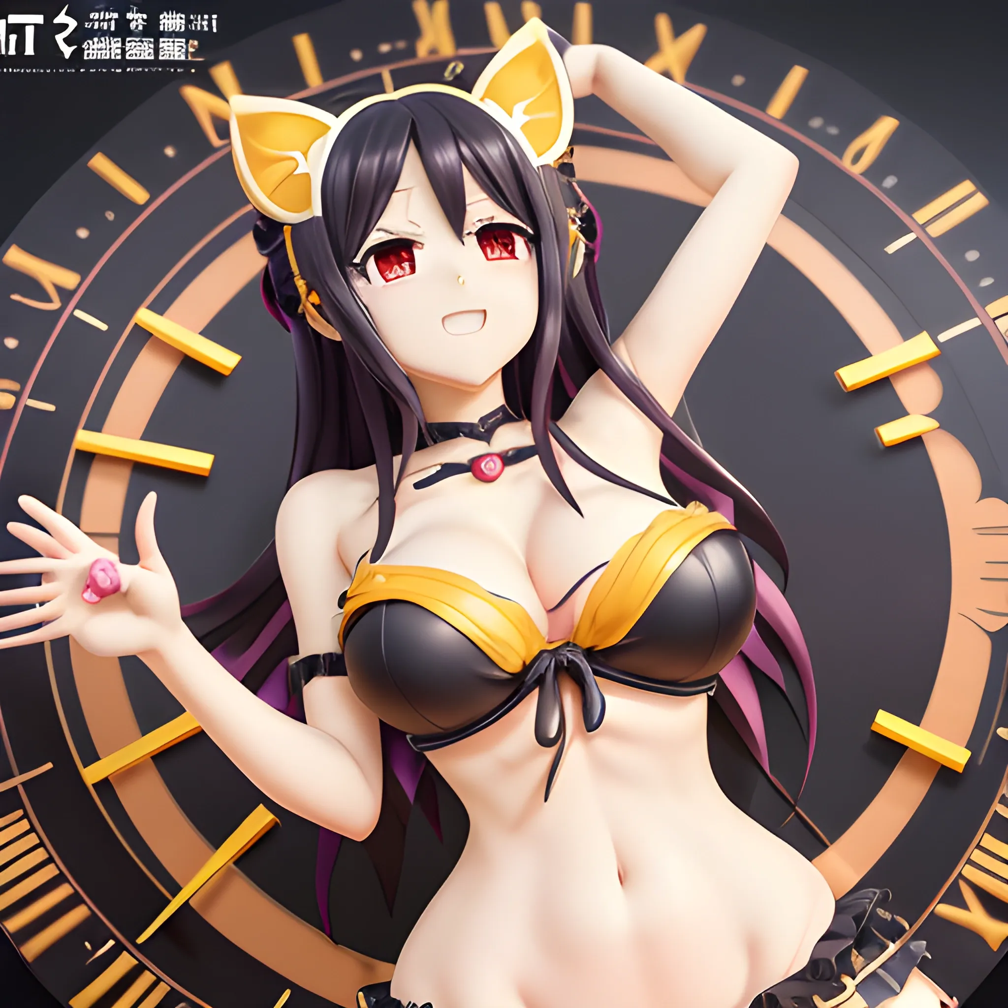 date on live, anime, kurumi ,cute ,art by date on live ,character Kurumi Tokisaki , wearing black bikini, big boob,big thighs, big red heart eye, on her left yellow clock eye, creep smile, detailed face, extremely detailed CG unity 8k,light on face,(((sexy))), ((masterpiece)), (perfect female figure),, 3D