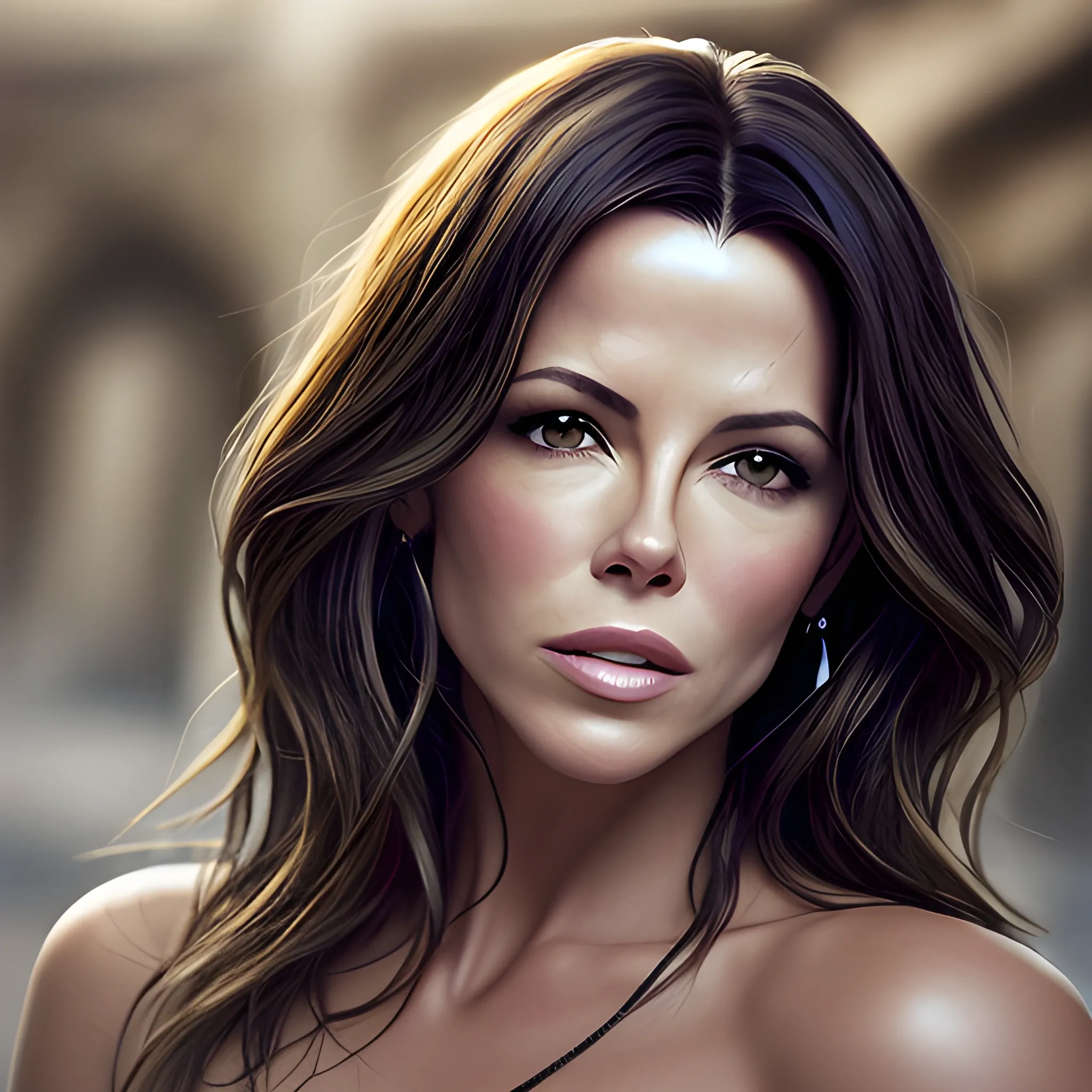 Imagina el rostro bello de una mujer que reùna los rasgos màs lindos de Kate Beckinsale y de Naomi Campbell. Piel oscura. Pelo negro. Foto real. Detalles profundos. Ojos perlados. Mirada resplandeciente. Alta definiciòn. Iluminaciòn espectacular. 4K. Foto captura realizada con un celular Samsun S10