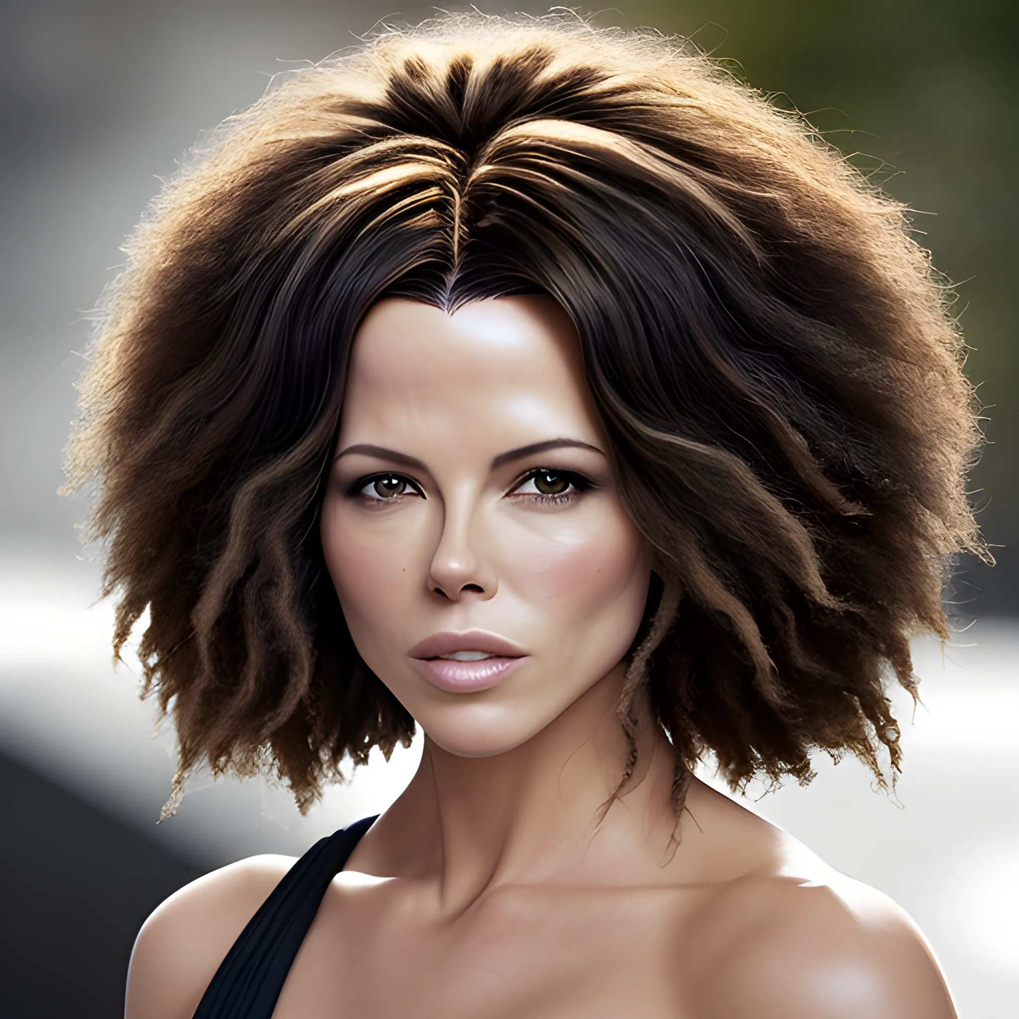 Imagina el rostro bello de una mujer que reùna los rasgos màs lindos de Kate Beckinsale y de Naomi Campbell. Piel afro. Pelo negro. Foto real. Detalles profundos. Ojos perlados. Mirada resplandeciente. Alta definiciòn. Iluminaciòn espectacular. 4K. Foto captura realizada con un celular Samsun S10