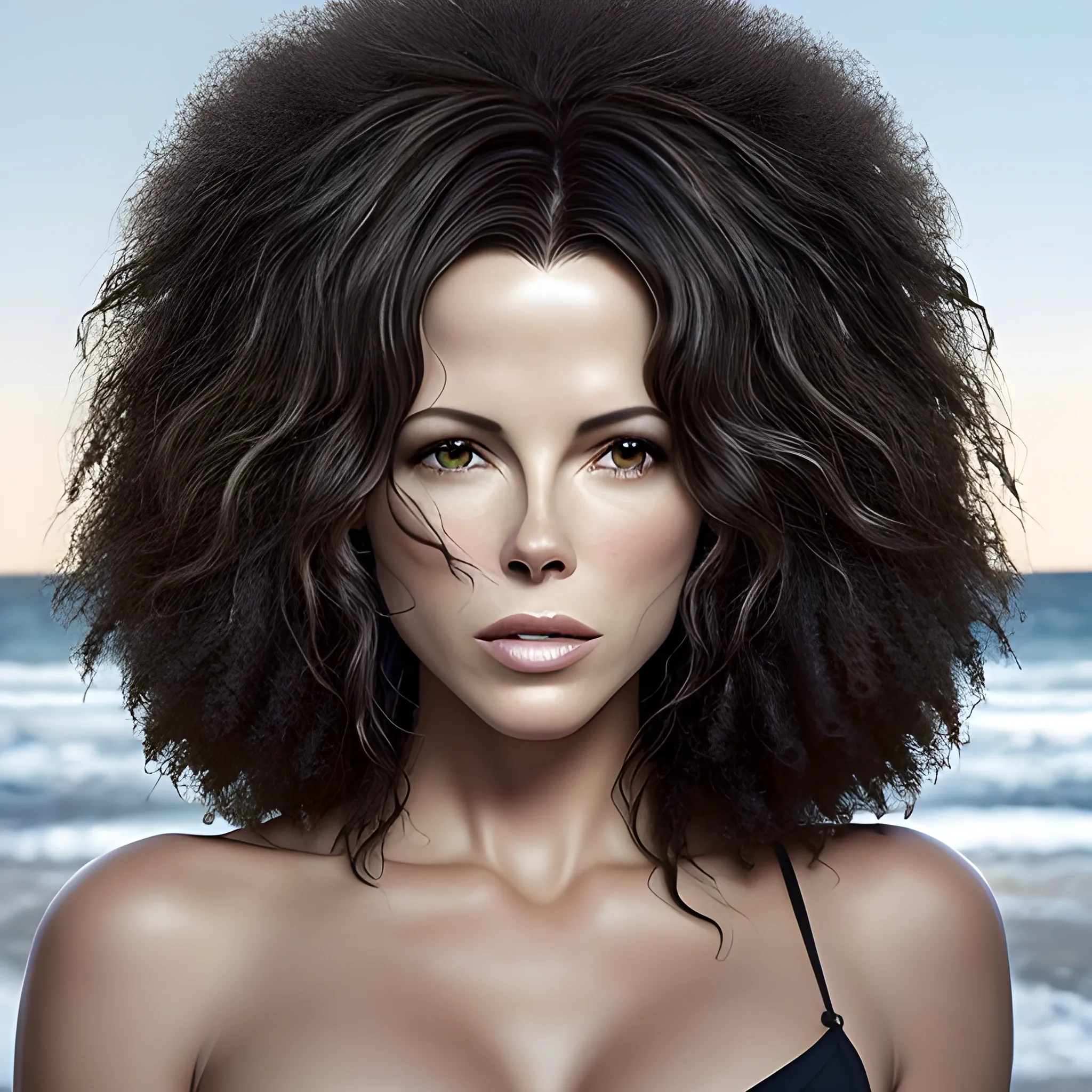 Imagina el rostro bello de una mujer que reùna los rasgos màs lindos de Kate Beckinsale y de Naomi Campbell. Piel afro. Pelo liso negro. Foto real. Detalles profundos. Ojos perlados. Mirada resplandeciente. Alta definiciòn. Iluminaciòn espectacular. 4K. Foto captura realizada con un celular Samsun S10