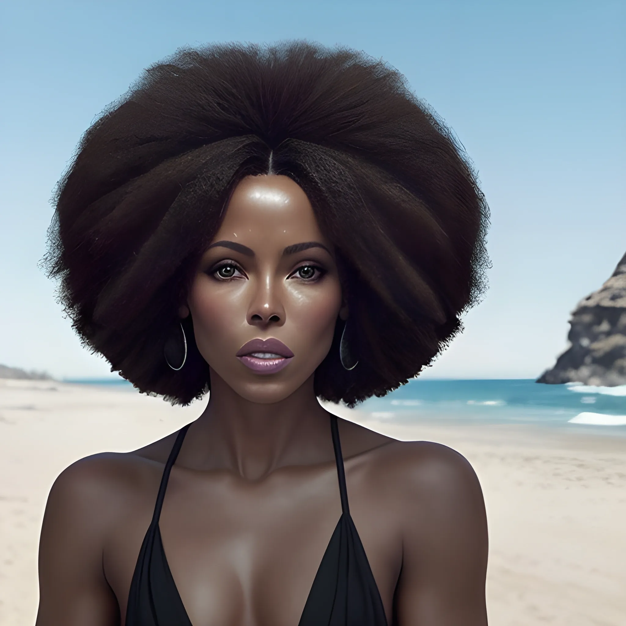 Imagina el rostro bello de una mujer que reùna los rasgos màs lindos de Kate Beckinsale y de Naomi Campbell. Piel afro. Pelo liso negro. Foto real. Detalles profundos. Ojos perlados. Mirada resplandeciente. Alta definiciòn. Iluminaciòn espectacular. 4K. Foto captura realizada con un celular Samsun S10