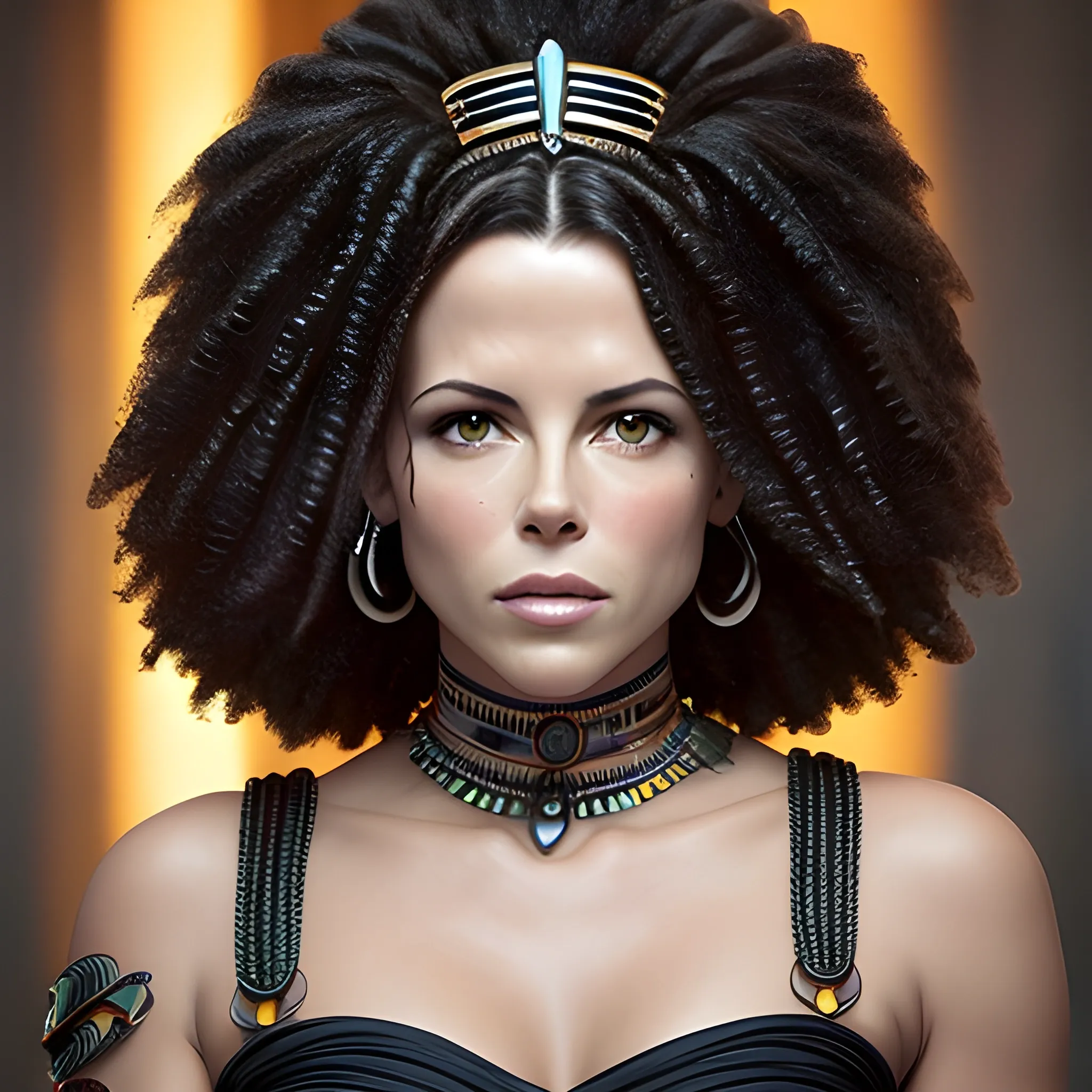 Imagina el rostro bello de una mujer que reùna los rasgos màs lindos de Kate Beckinsale y Cleopatra. Piel afro. Pelo liso negro. Foto real. Detalles profundos. Ojos perlados. Mirada resplandeciente. Alta definiciòn. Iluminaciòn espectacular. 4K. Foto captura realizada con un celular Samsun S10