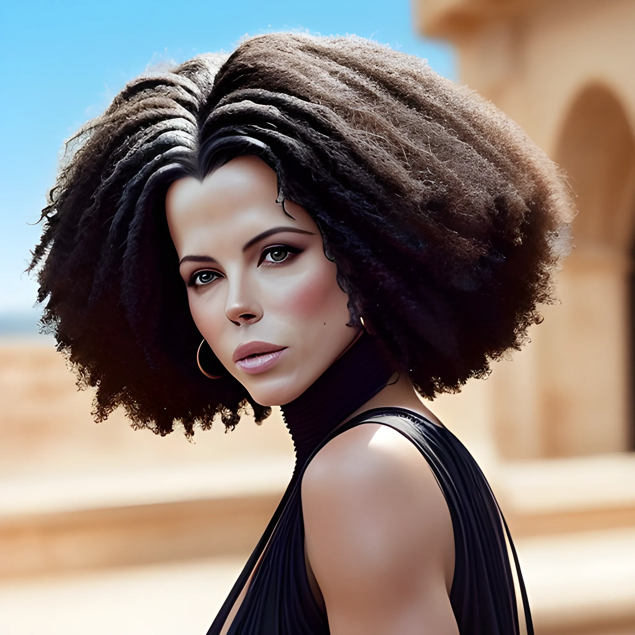 Imagina el rostro bello de una mujer que reùna los rasgos màs lindos de Kate Beckinsale y Cleopatra. Piel afro. Pelo liso negro. Foto real. Detalles profundos. Ojos perlados. Mirada resplandeciente. Alta definiciòn. Iluminaciòn espectacular. 4K. Foto captura realizada con un celular Samsun S10