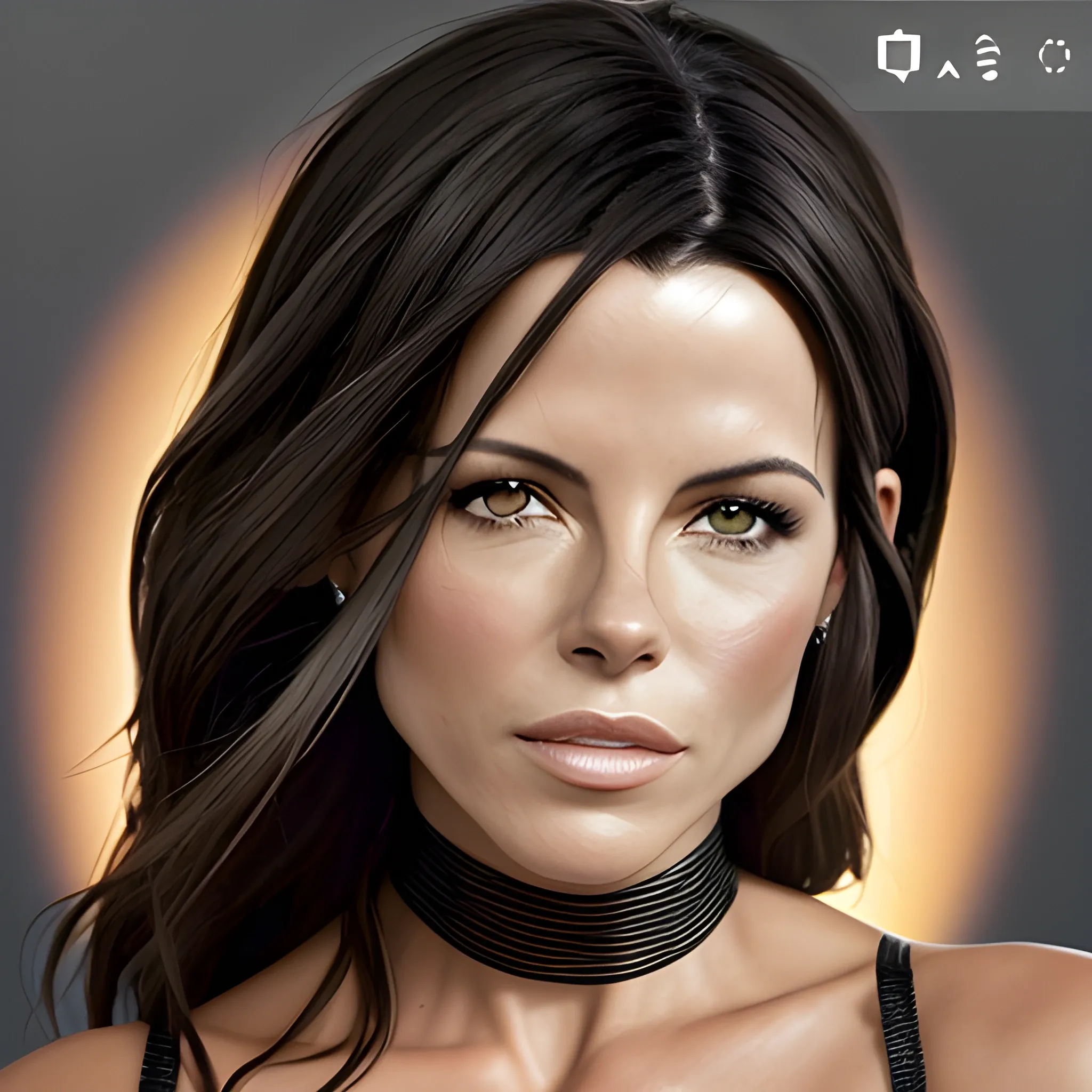 Imagina el rostro bello de una mujer que reùna los rasgos màs lindos de Kate Beckinsale y Cleopatra. Piel negra. Pelo liso negro. Foto real. Detalles profundos. Ojos perlados. Mirada resplandeciente. Alta definiciòn. Iluminaciòn espectacular. 4K. Foto captura realizada con un celular Samsun S10