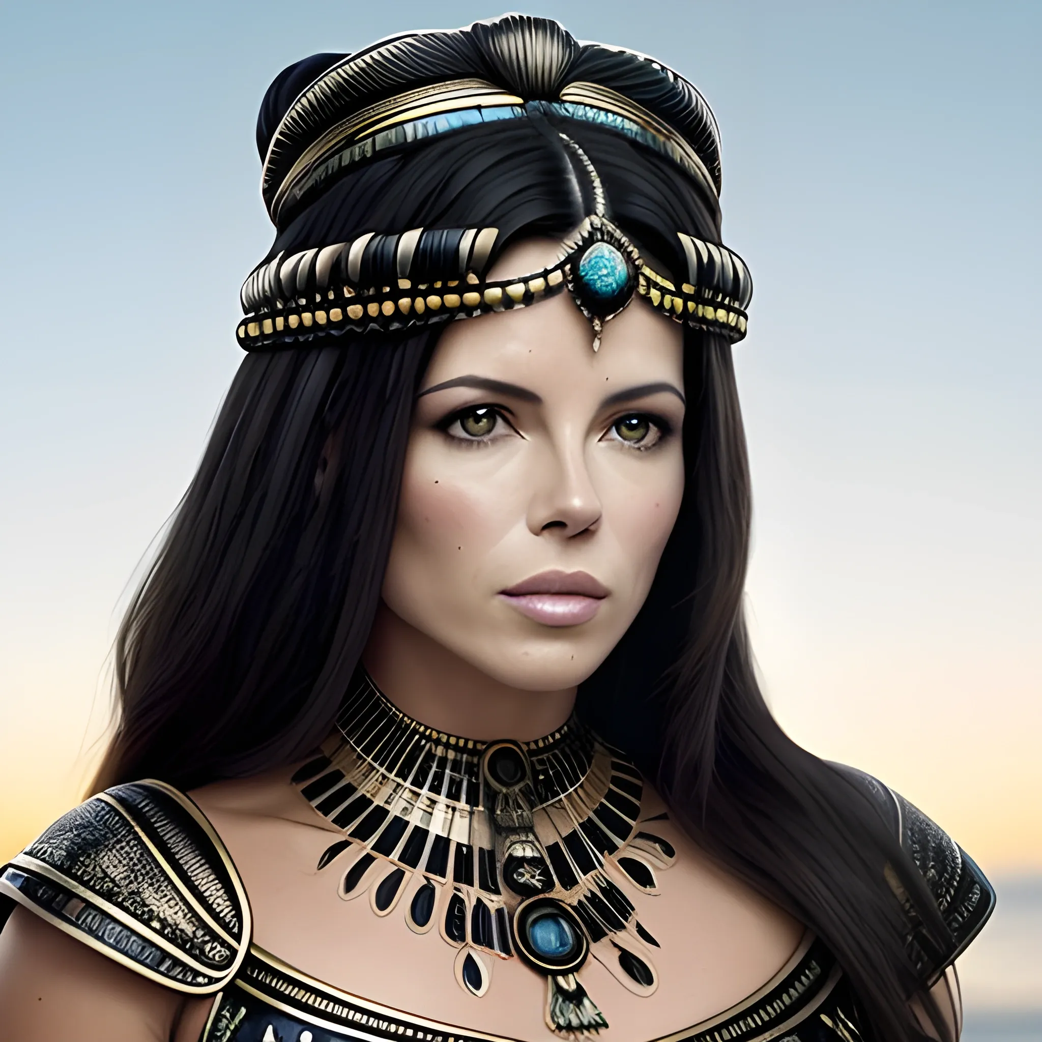 Imagina el rostro bello de una mujer que reùna los rasgos màs lindos de Kate Beckinsale y Cleopatra. Piel negra. Pelo liso negro. Foto real. Detalles profundos. Ojos perlados. Mirada resplandeciente. Alta definiciòn. Iluminaciòn espectacular. 4K. Foto captura realizada con un celular Samsun S10