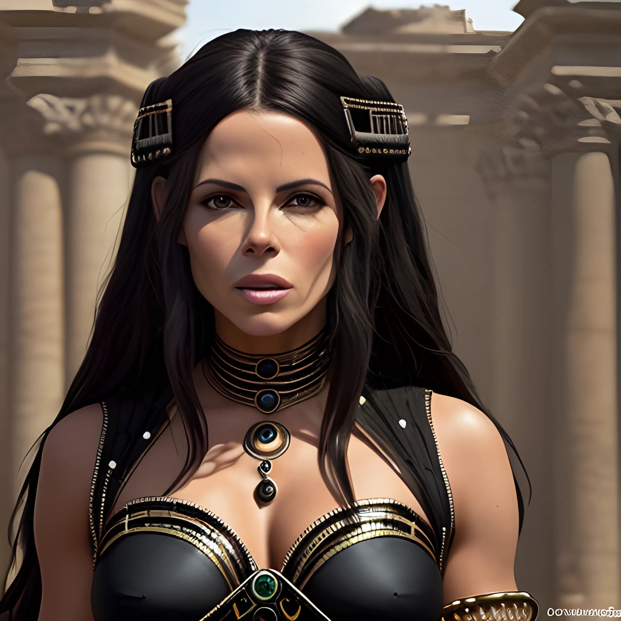 Imagina una mujer de cuerpo entero que reùna los rasgos màs lindos de Kate Beckinsale y Cleopatra. Piel negra. Pelo liso negro. Foto real. Detalles profundos. Ojos perlados. Mirada resplandeciente. Alta definiciòn. Iluminaciòn espectacular. 4K. Foto captura realizada con un celular Samsun S10