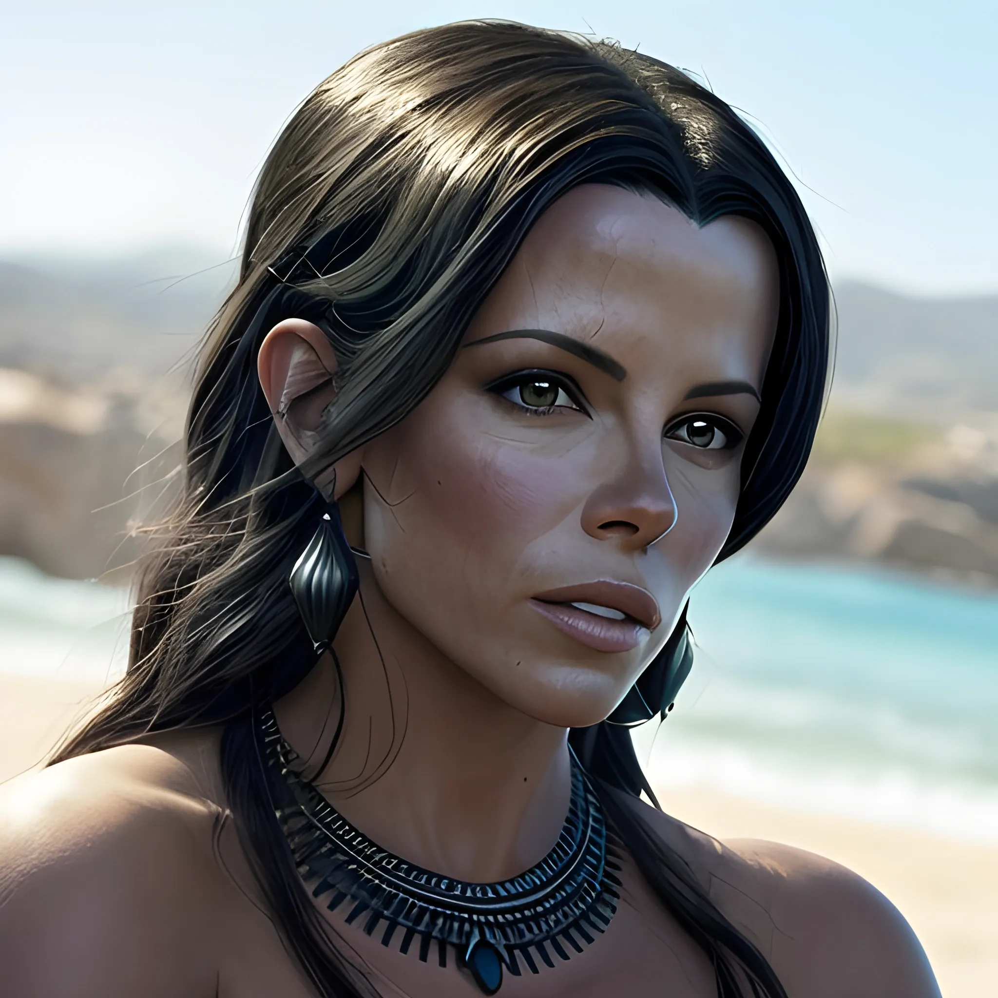 Imagina una mujer de cuerpo entero que reùna los rasgos màs lindos de Kate Beckinsale y Cleopatra. Piel negra. Pelo liso negro. Foto real. Detalles profundos. Ojos perlados. Mirada resplandeciente. Alta definiciòn. Iluminaciòn espectacular. 4K. Foto captura realizada con un celular Samsun S10