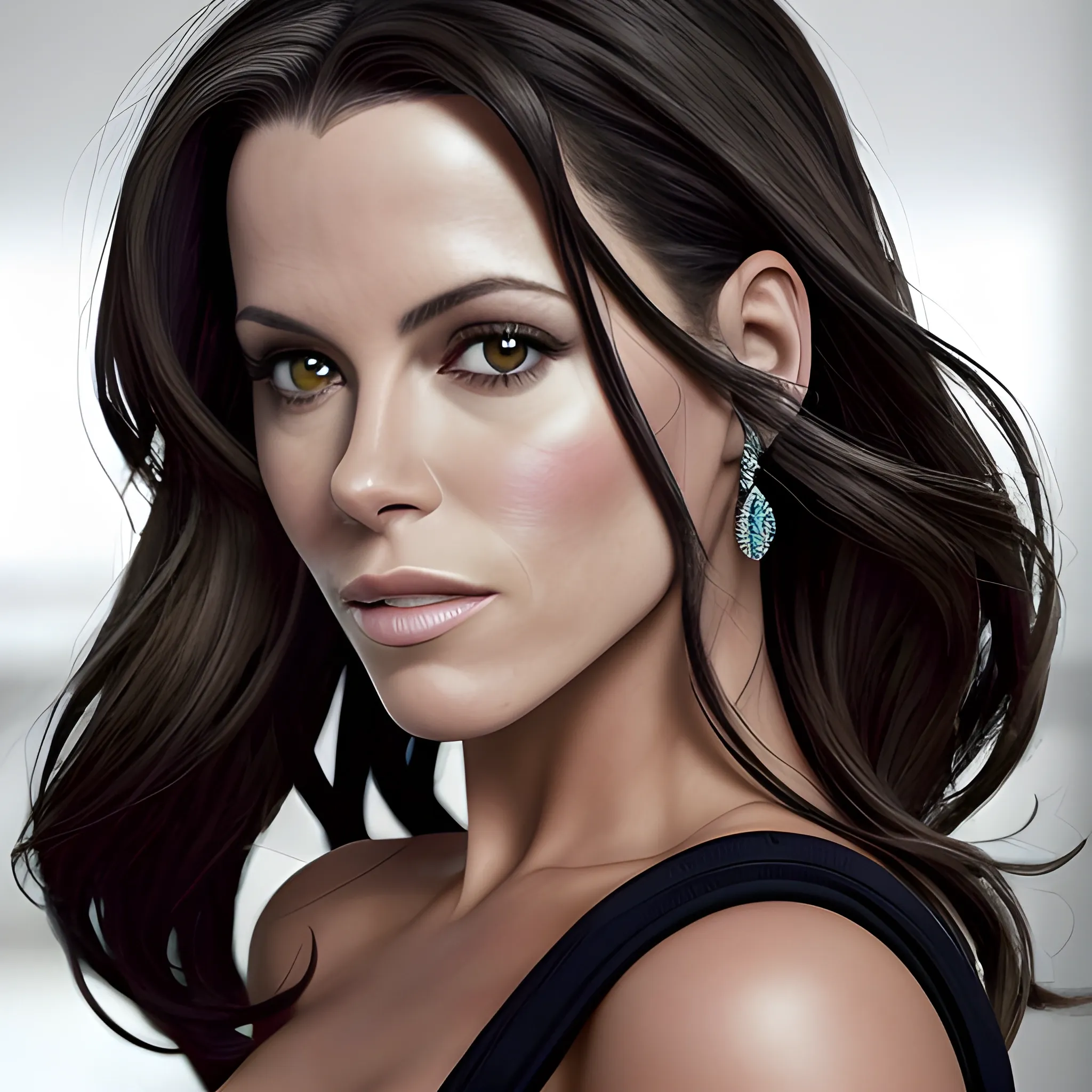 foto retrato de una mujer de cuerpo entero que reúne los rasgos más lindos de Kate Beckinsale y Katy Perry. Un solo cuerpo. Con vestimenta de abogada. Pelo liso negro. Foto real. Detalles profundos. Ojos perlados. Mirada resplandeciente. Alta definiciòn. Iluminaciòn espectacular. 4K. Foto captura realizada con un celular Samsun S10. Realismo. Foto de alta calidad. Muchos detalles. Estilo oficina. súper realista