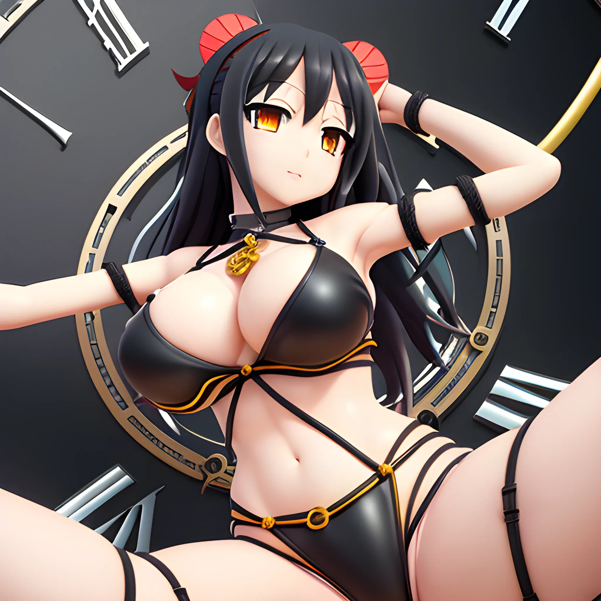 date on live, anime, kurumi ,cute ,art by date on live ,character Kurumi Tokisaki , wearing black bikini, big boob,big thighs, big red heart eye, on her left yellow clock eye, black hair,  BONDAGE WITH ROPES, detailed face, extremely detailed CG unity 8k,light on face,(((sexy))), ((masterpiece)), (perfect female figure),, 3D