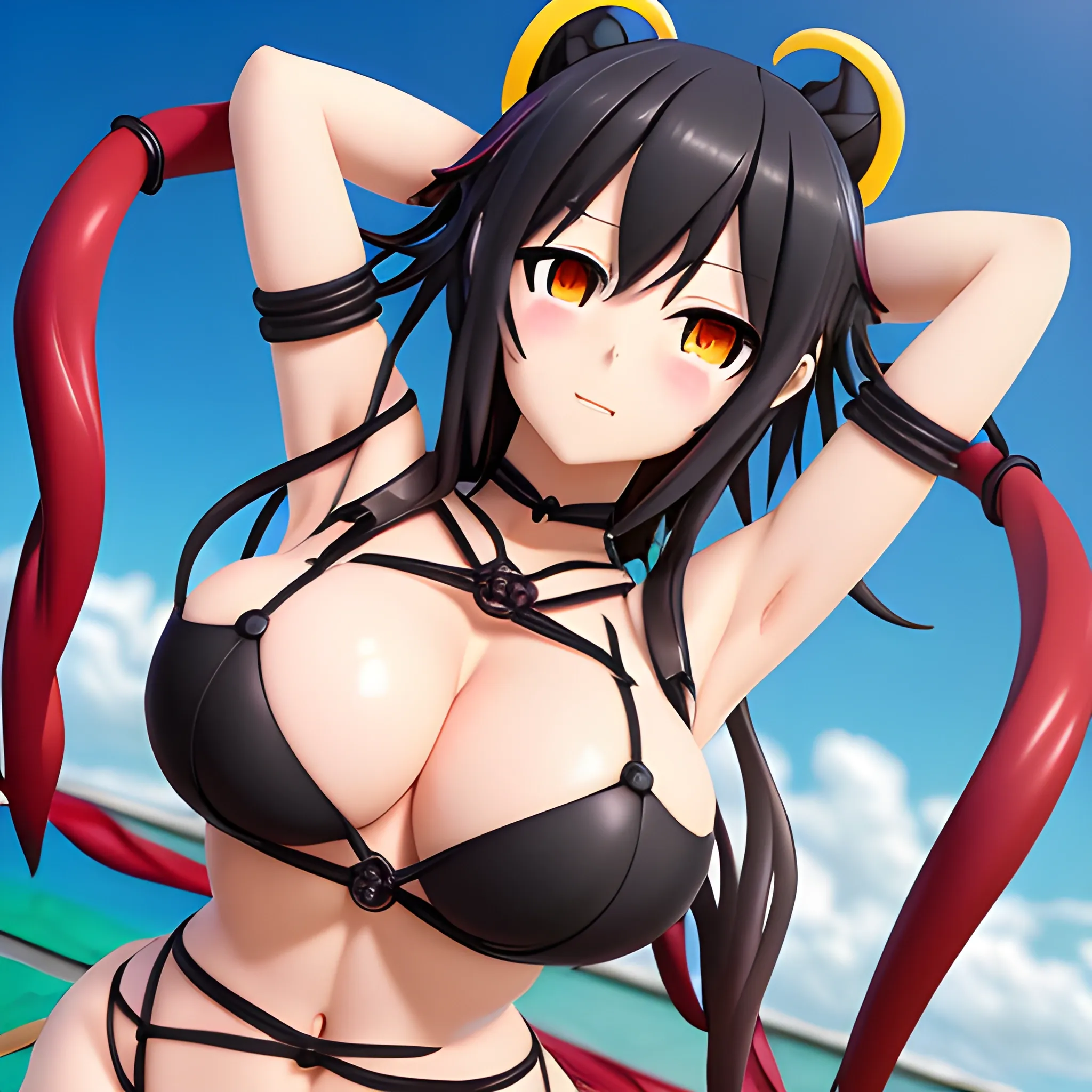 date on live, anime, kurumi ,cute ,art by tsunako form date on live light novol ,character Kurumi Tokisaki , wearing black bikini, big boob,big thighs, big red heart eye, on her left yellow clock eye, black hair,  BONDAGE WITH ROPES, detailed face, extremely detailed CG unity 8k,light on face,(((sexy))), ((masterpiece)), (perfect female figure),, 3D