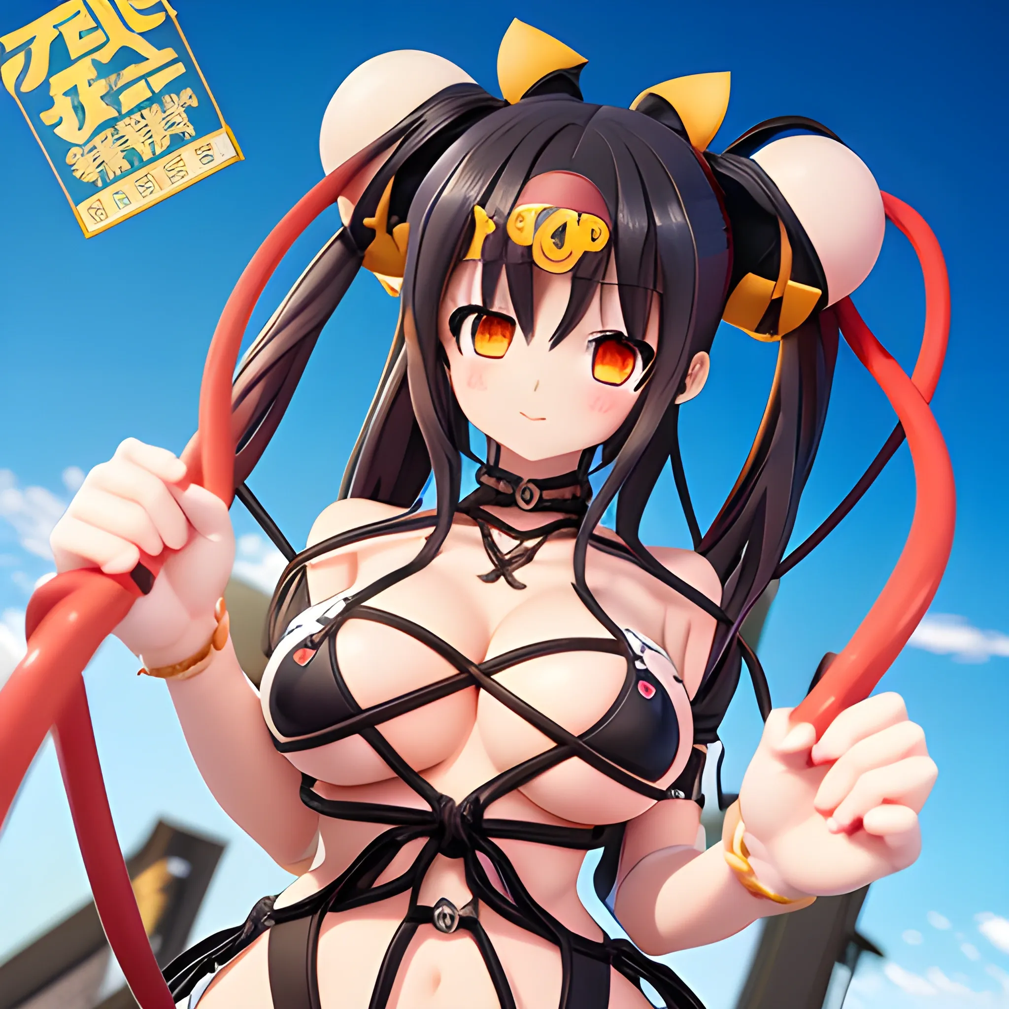 date on live, anime, kurumi ,cute ,art by tsunako form date on live light novol ,character Kurumi Tokisaki , wearing black bikini, big boob,big thighs, big red heart eye, on her left yellow clock eye, black hair,  BONDAGE WITH ROPES,ropes on arm, detailed face, extremely detailed CG unity 8k,light on face,(((sexy))), ((masterpiece)), (perfect female figure),, 3D