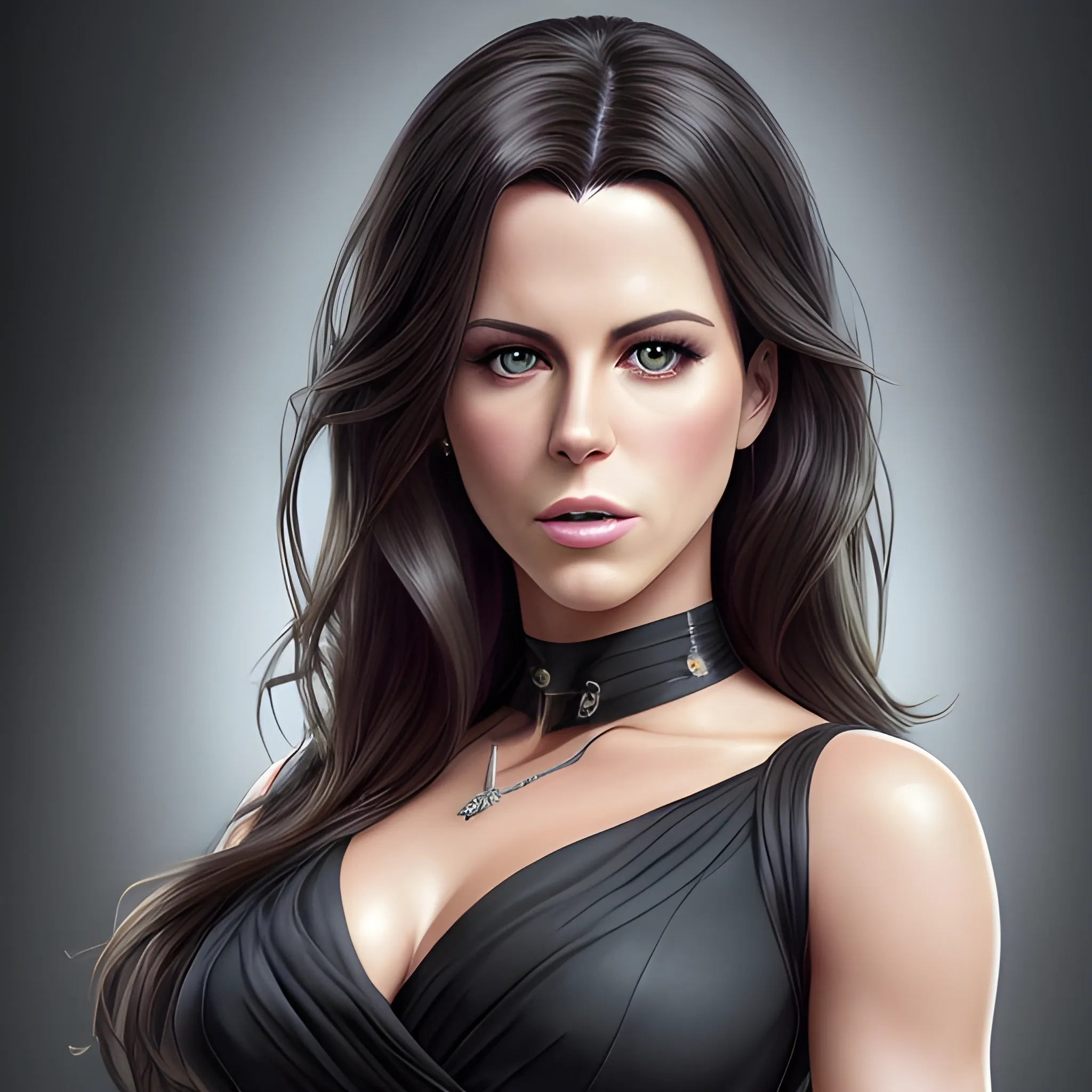 Full-length portrait photograph of a woman that brings together the most beautiful features of Kate Beckinsale and Katy Perry. A body. realistic details In lawyer clothes. Large eyes. Straight black hair. real photo Realism. deep details. Pearly eyes. Glowing look. High Definition. Spectacular lighting. 4K. Photo capture made with a Samsung S10 cell phone. Realism. high quality photo. many details Office style. super realistic, confident, bold, passionate, seductive, expressive, charismatic, intricate fashion clothing, highly detailed, sharp focus, illustration, 8K, art by artgerm and greg rutkowski and alphonse mucha