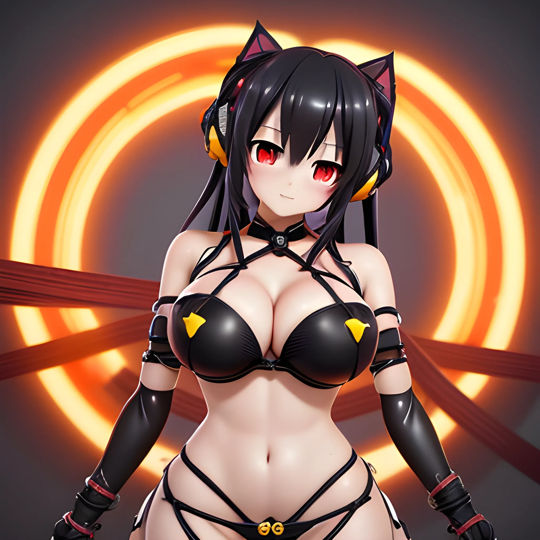 date on live, anime, kurumi ,cute ,art by tsunako form date on live light novol ,character Kurumi Tokisaki , wearing black bikini, big boob,big thighs, big red heart eye, on her left yellow eye, black hair,  BONDAGE WITH ROPES,ropes binding her arm, embarrass, detailed face, extremely detailed CG unity 8k,light on face,(((sexy))), ((masterpiece)), (perfect female figure),, 3D