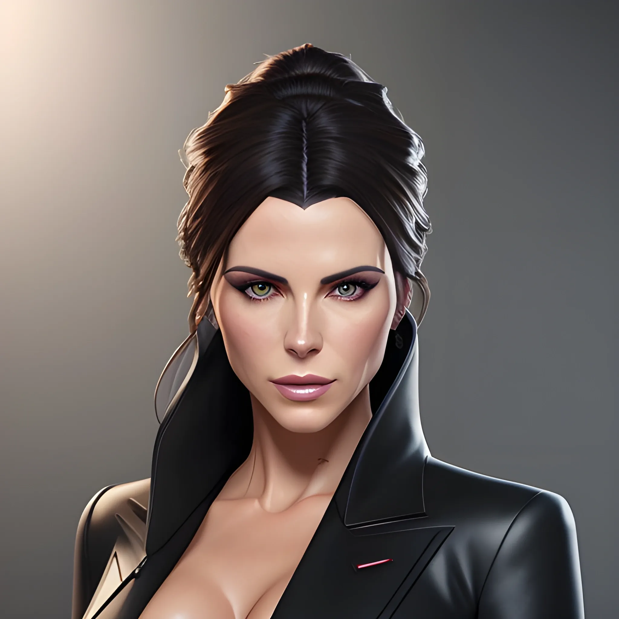 portrait photograph of a woman that brings together the most beautiful features of Kate Beckinsale and Katy Perry. A body. realistic details In lawyer clothes. Large eyes. Straight black hair. real photo Realism. deep details. small bust. Pearly eyes. Glowing look. High Definition. Spectacular lighting. 4K. Photo capture made with a Samsung S10 cell phone. Realism. high quality photo. many details Office style. super realistic, confident, bold, passionate, seductive, expressive, charismatic, intricate fashion clothing, highly detailed, sharp focus, illustration, 8K, art by artgerm and greg rutkowski and alphonse mucha, 3D, unreal engine