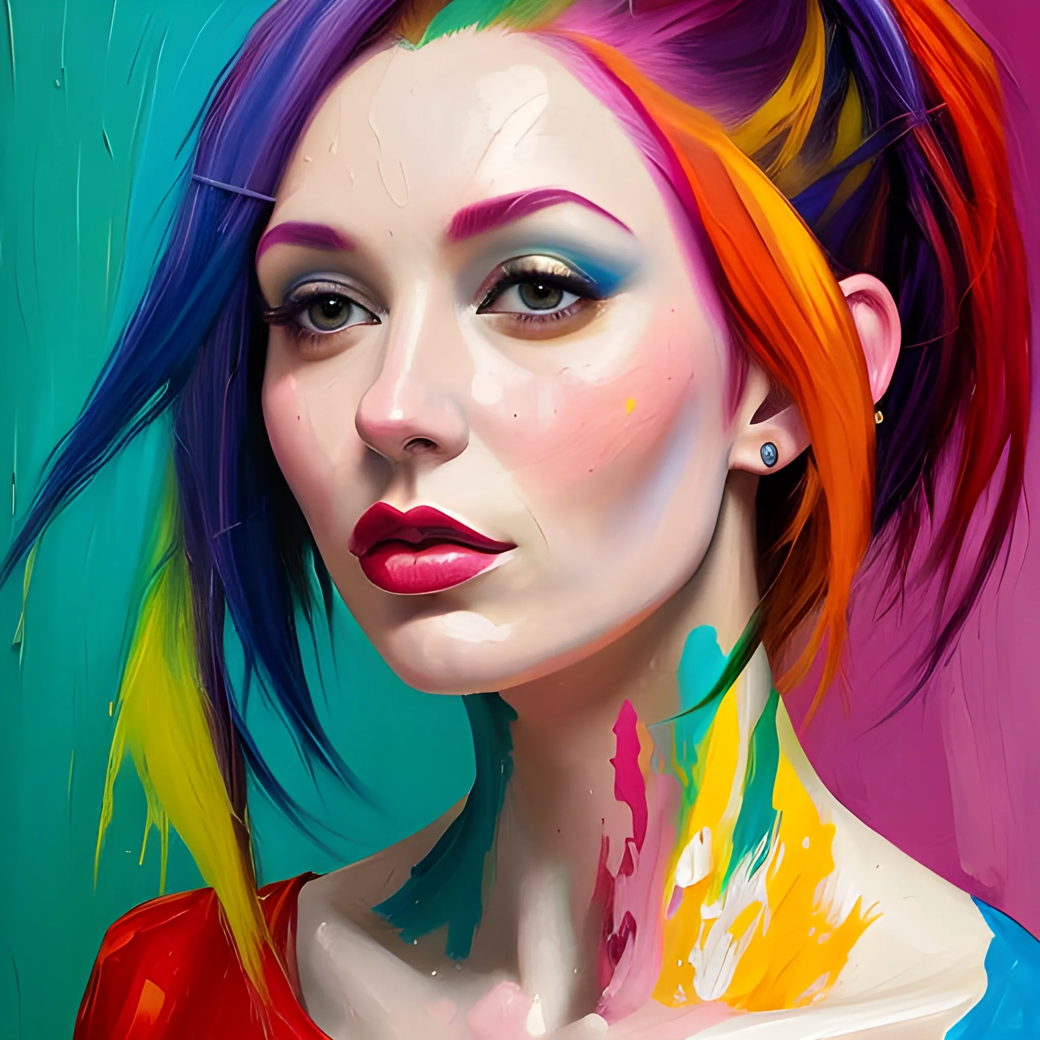 the woman is wearing multicolored hair, vibrant color scheme,, Oil Painting