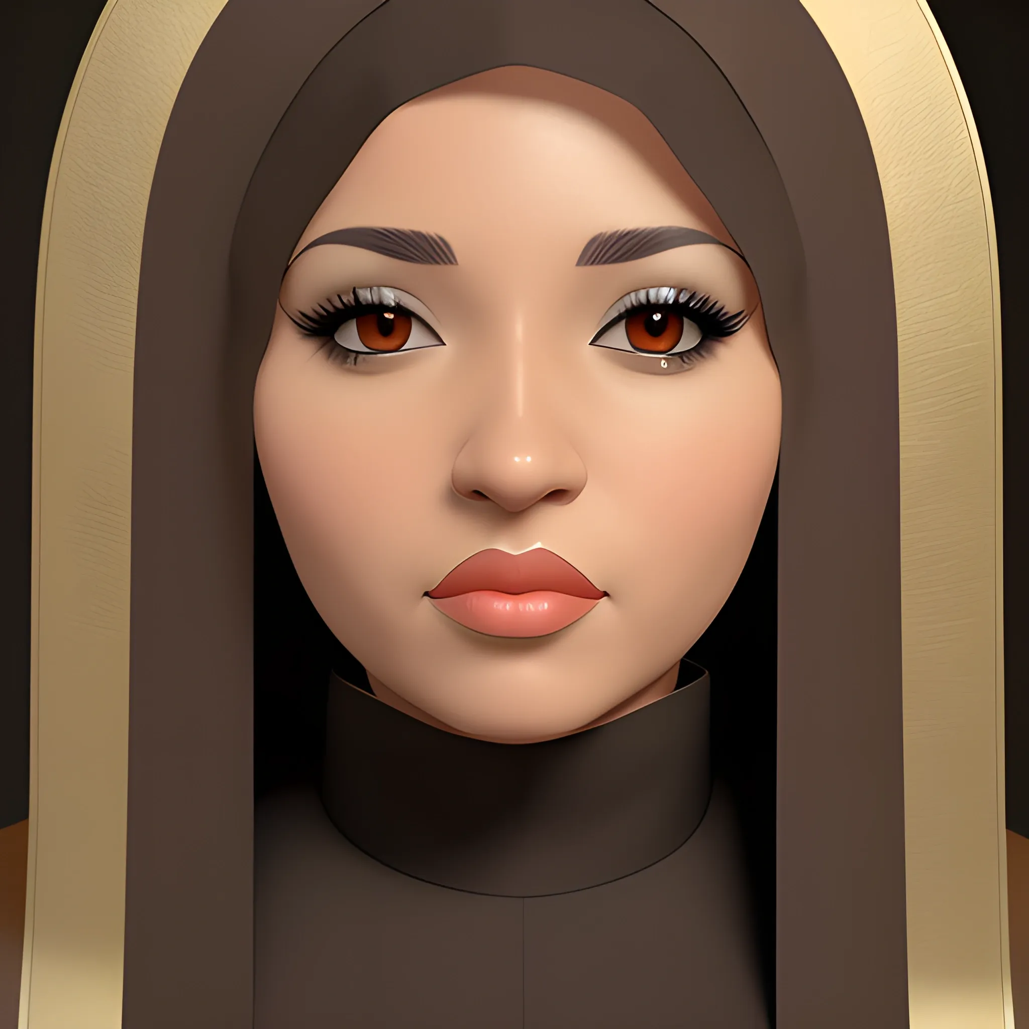 Masterpiece, 3D, adult Hispanic female, nun outfit, brown eyes, cleft chin, brown skin, full lips