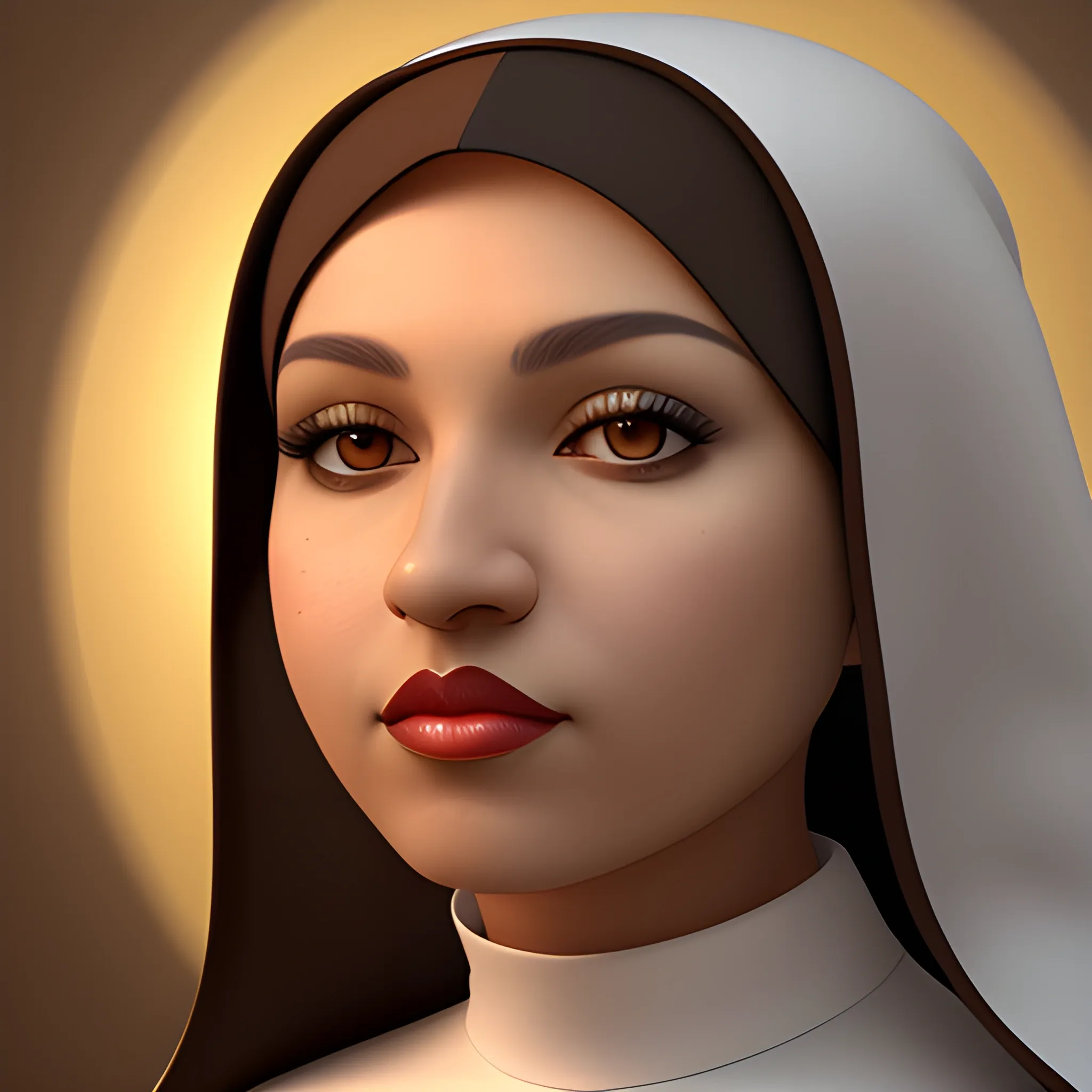 Masterpiece, portrait, 3D, adult Hispanic female, nun outfit, brown eyes, cleft chin, brown skin, full lips