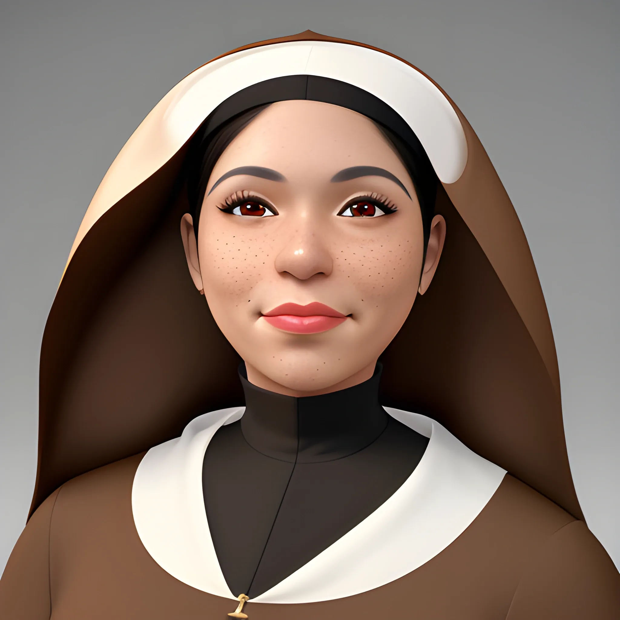 Masterpiece, portrait, 3D, adult Hispanic female, nun outfit, brown eyes, cleft chin, chin dimple, cheek dimples, freckles, brown skin, full lips