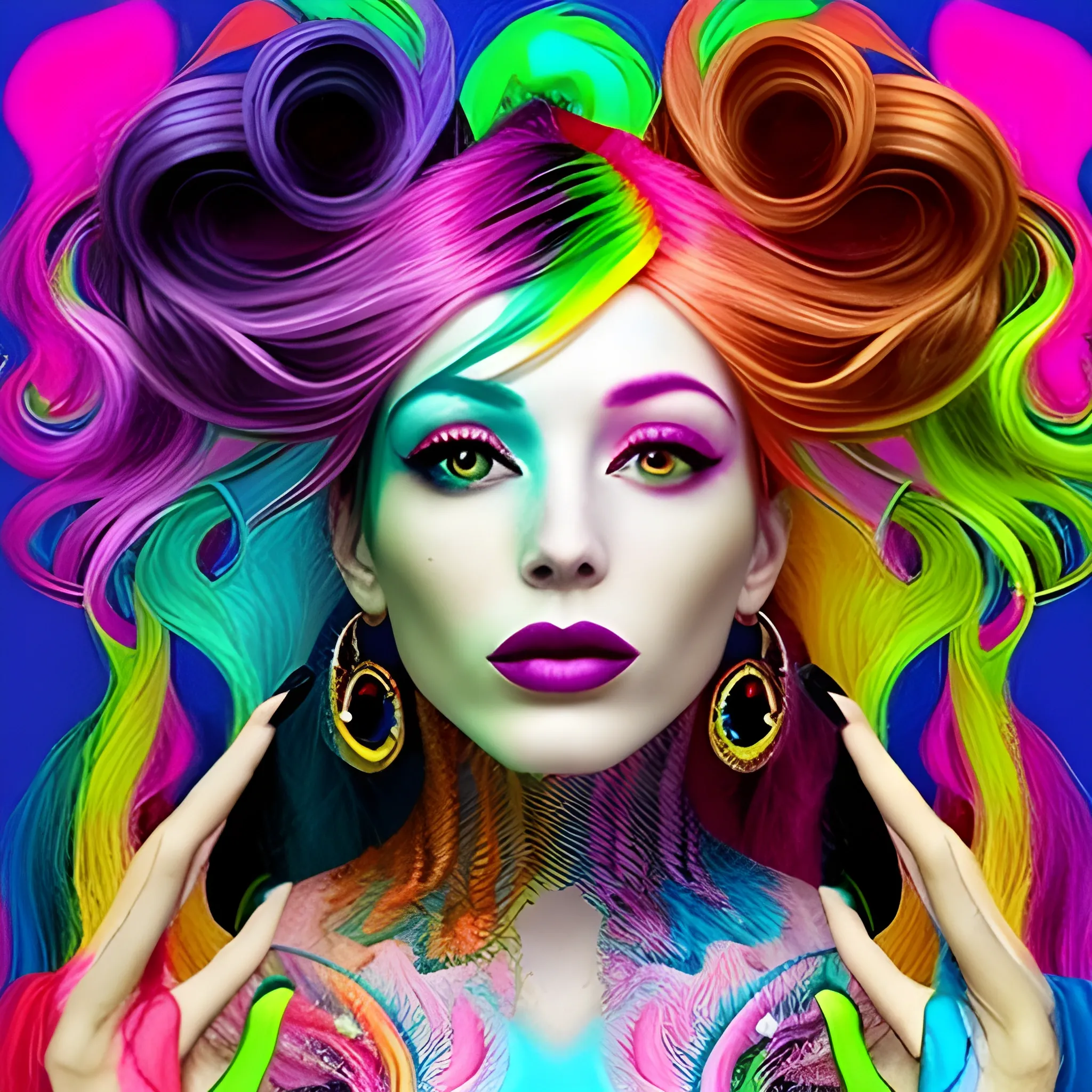 the woman is wearing multicolored hair, vibrant color scheme, Trippy