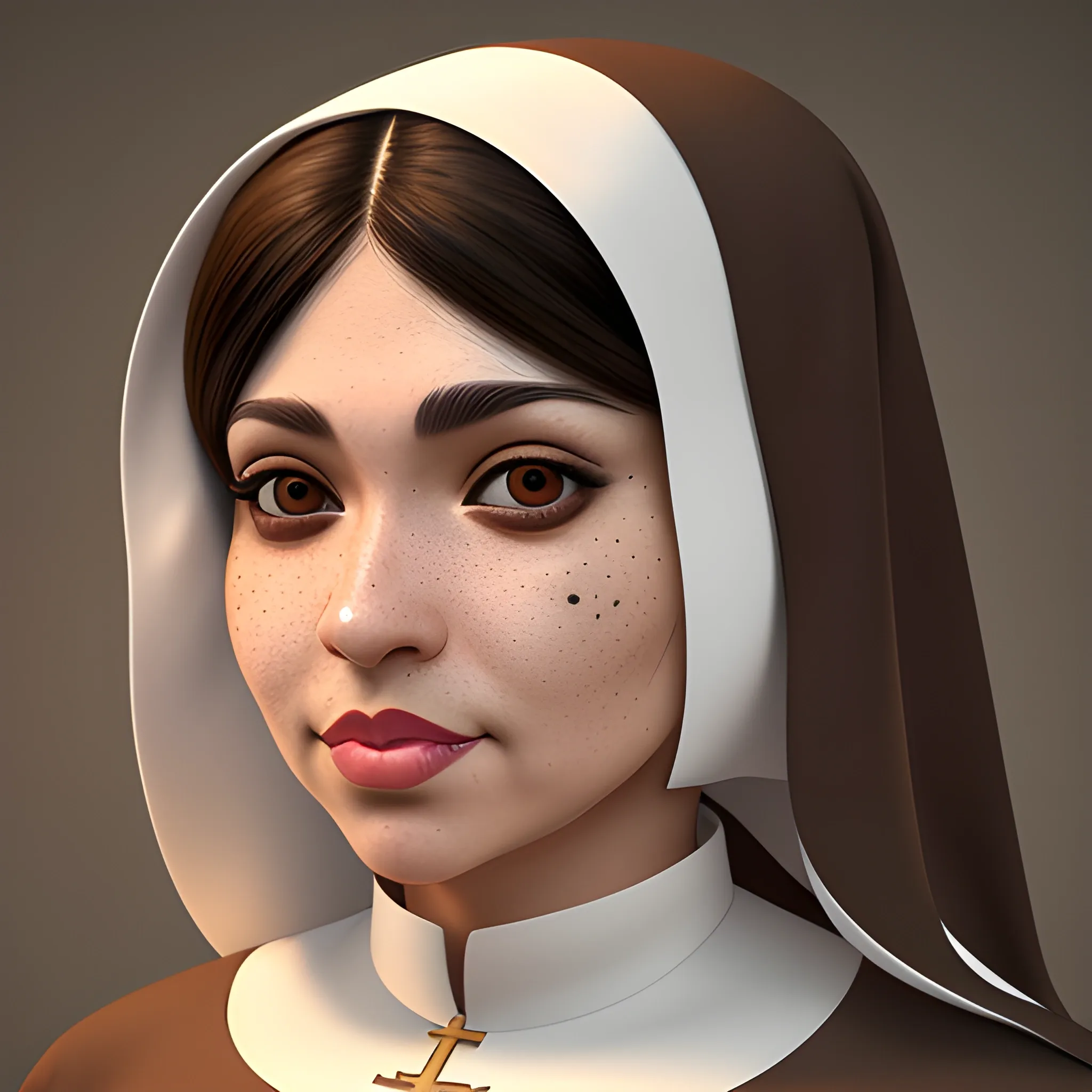 Masterpiece, full-body, realistic 3D, adult Hispanic female, nun outfit, black eyes, cleft chin, chin dimple, cheek dimples, freckles, brown skin, full lips