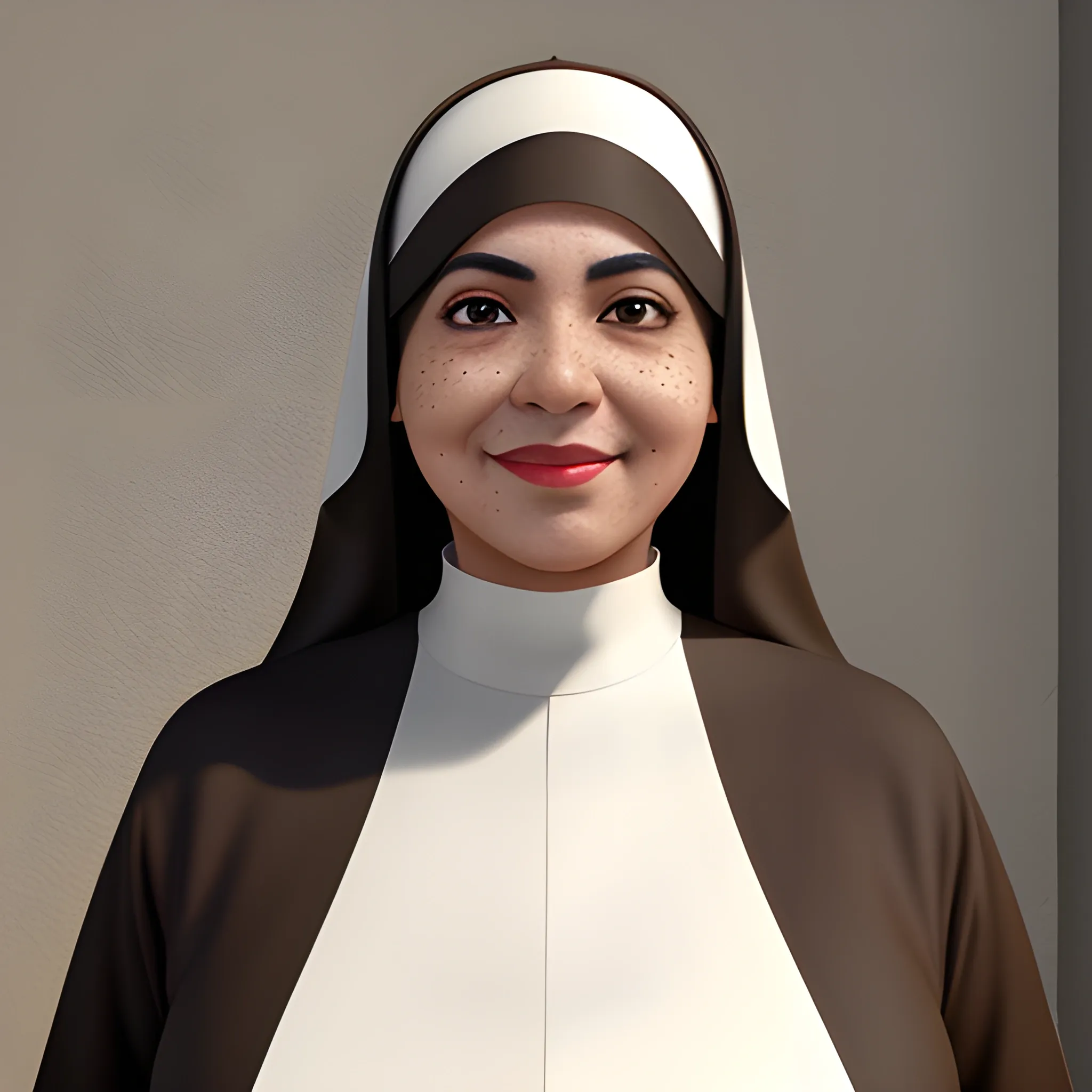 Masterpiece, full-body, realistic 3D, adult Hispanic female, nun outfit, black eyes, cleft chin, chin dimple, cheek dimples, freckles, brown skin, full lips