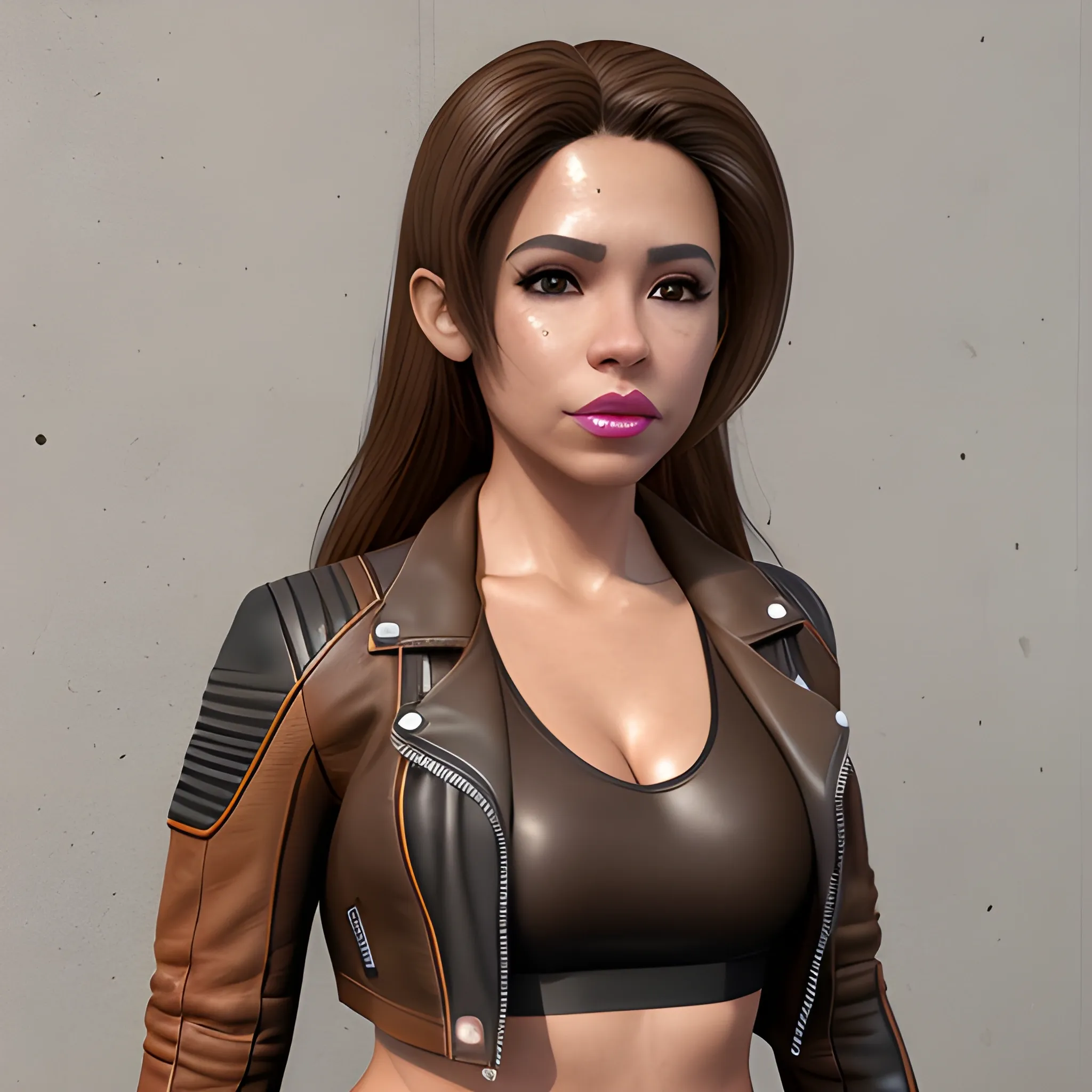 Masterpiece, full-body, realistic 3D, adult Hispanic female, leather jacket, sports bra, black eyes, cleft chin, chin dimple, cheek dimples, freckles, brown skin, full lips