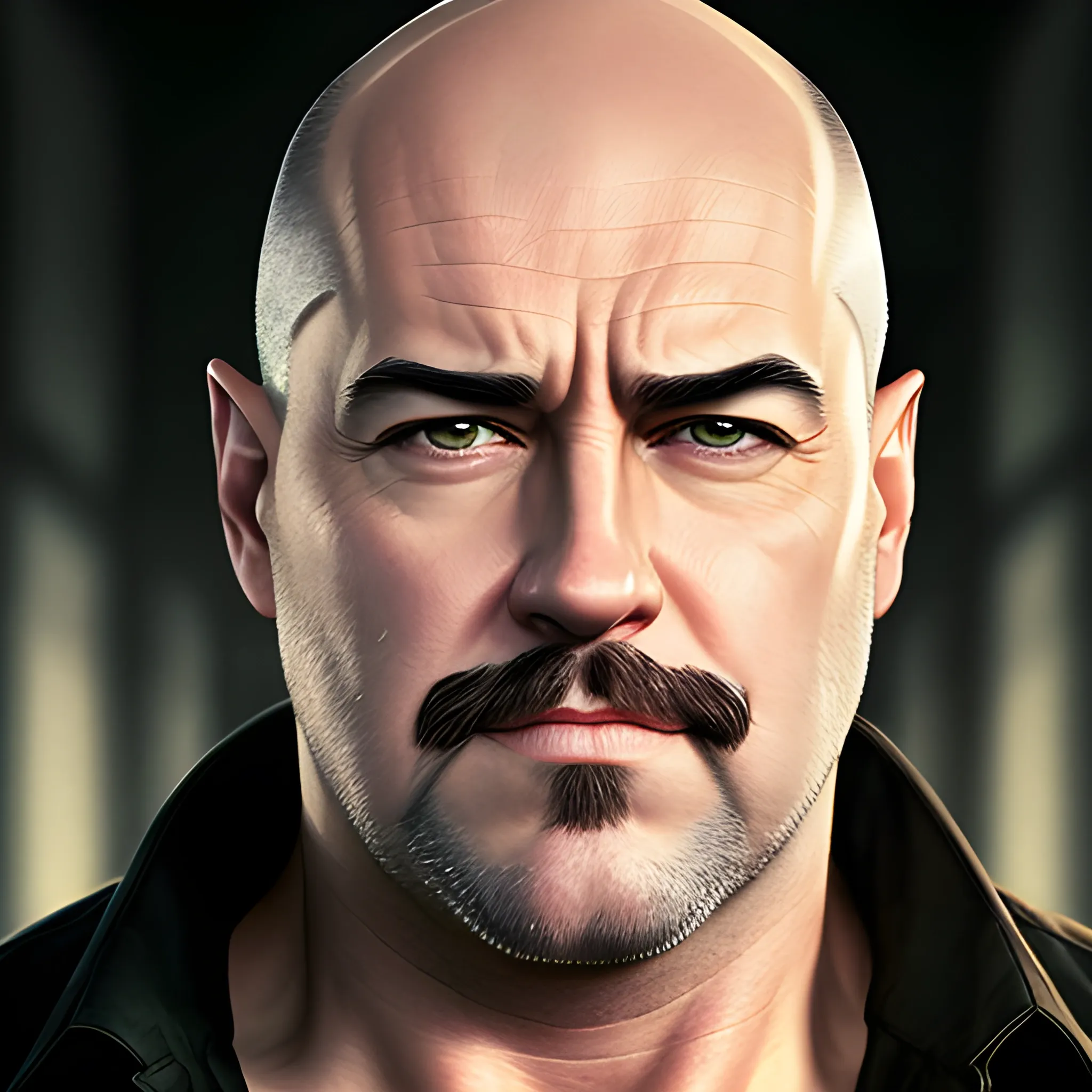 portrait of adult male slightly overweight, partially bald with hair on the sides, brown eyes, pronounced slant eyes similar to Edward Norton's, tired look, very thin soft eyebrows, straight eyebrows, straight nose, thin lips, small chin, and a short chin much like Lenin's. Without beautiful pectoral. Large size. actual photo. Cinematic atmosphere. Delicate light.