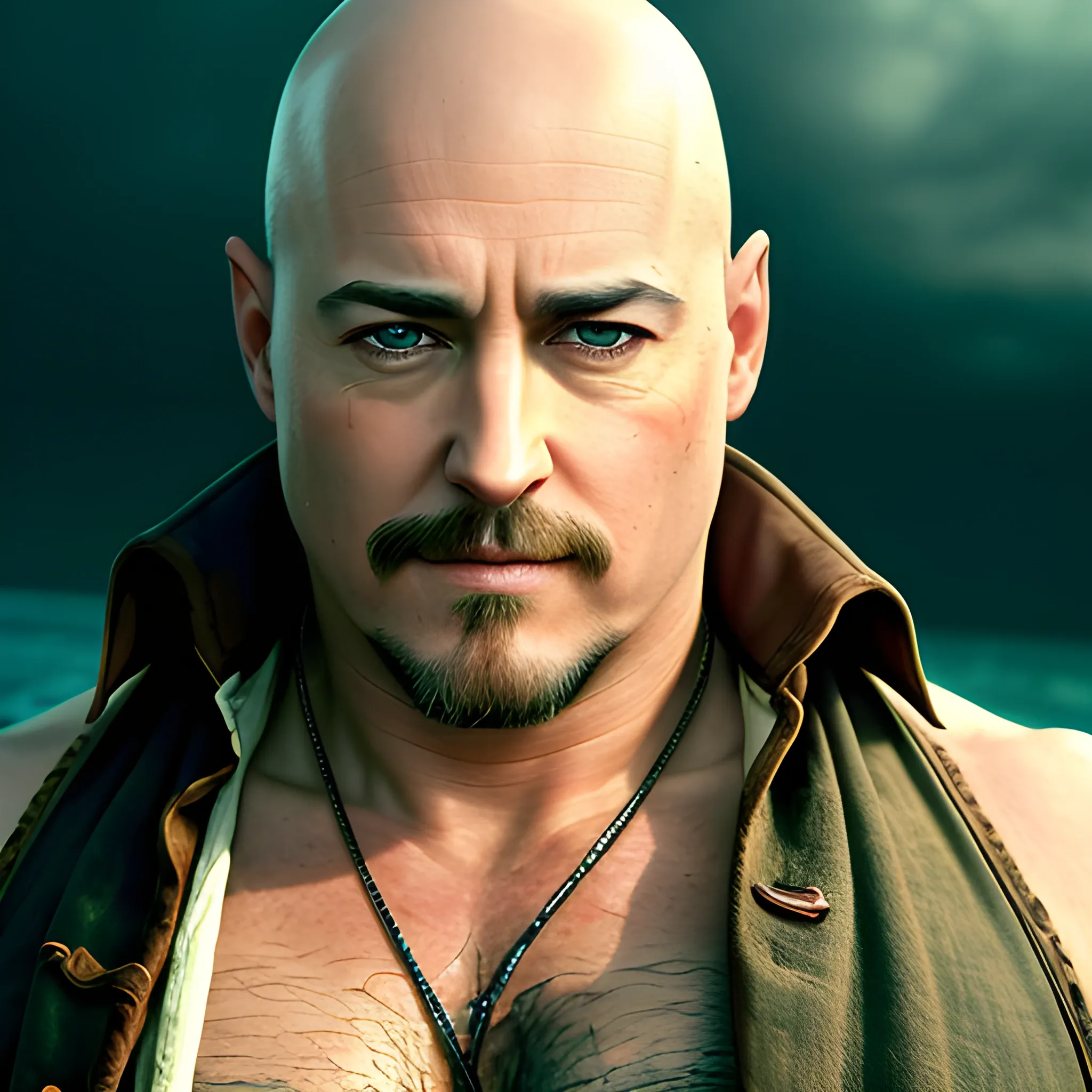 portrait of adult male slightly overweight, partially bald with brown hairs on the sides, brown eyes, pronounced slanting eyes similar to Edward Norton's, tired look, very thin soft eyebrows, straight eyebrows, straight nose, thin lips, small chin , and a short chin much like Jack Sparrow's. Without beautiful pectoral. Large size. actual photo. Cinematic atmosphere. Delicate light.