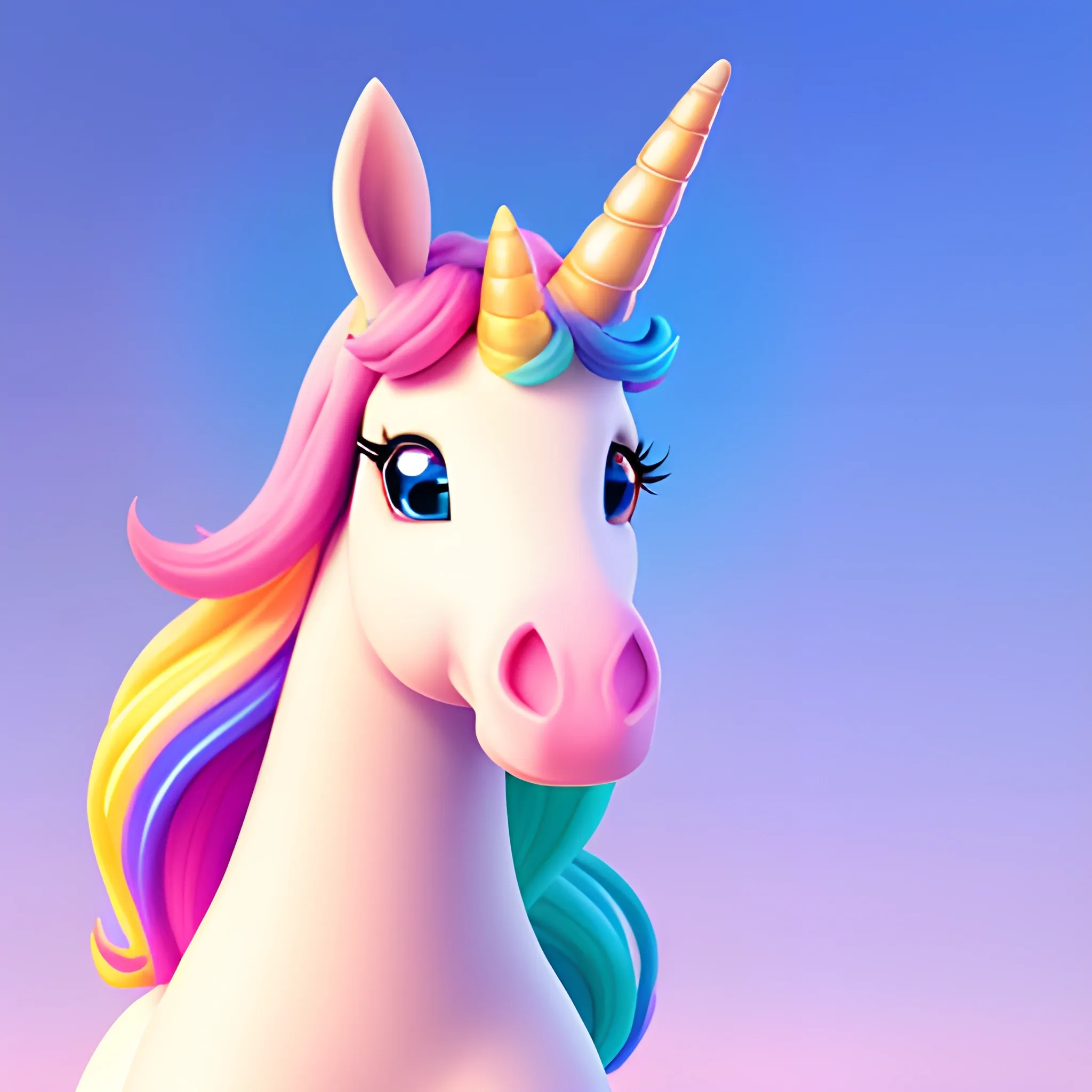 Super Adorable small unicorn, rendered by pixar cartoon, without background, sweet smile, character full body, so cute, excited, bright eyes, big and colorful eyes, slim body big head, shiny and fluffy, fairytale, energetic, playful, 3D, incredibly high detail, 16k, octane rendering, gorgeous, ultra-wide angle, colorful gradient background,