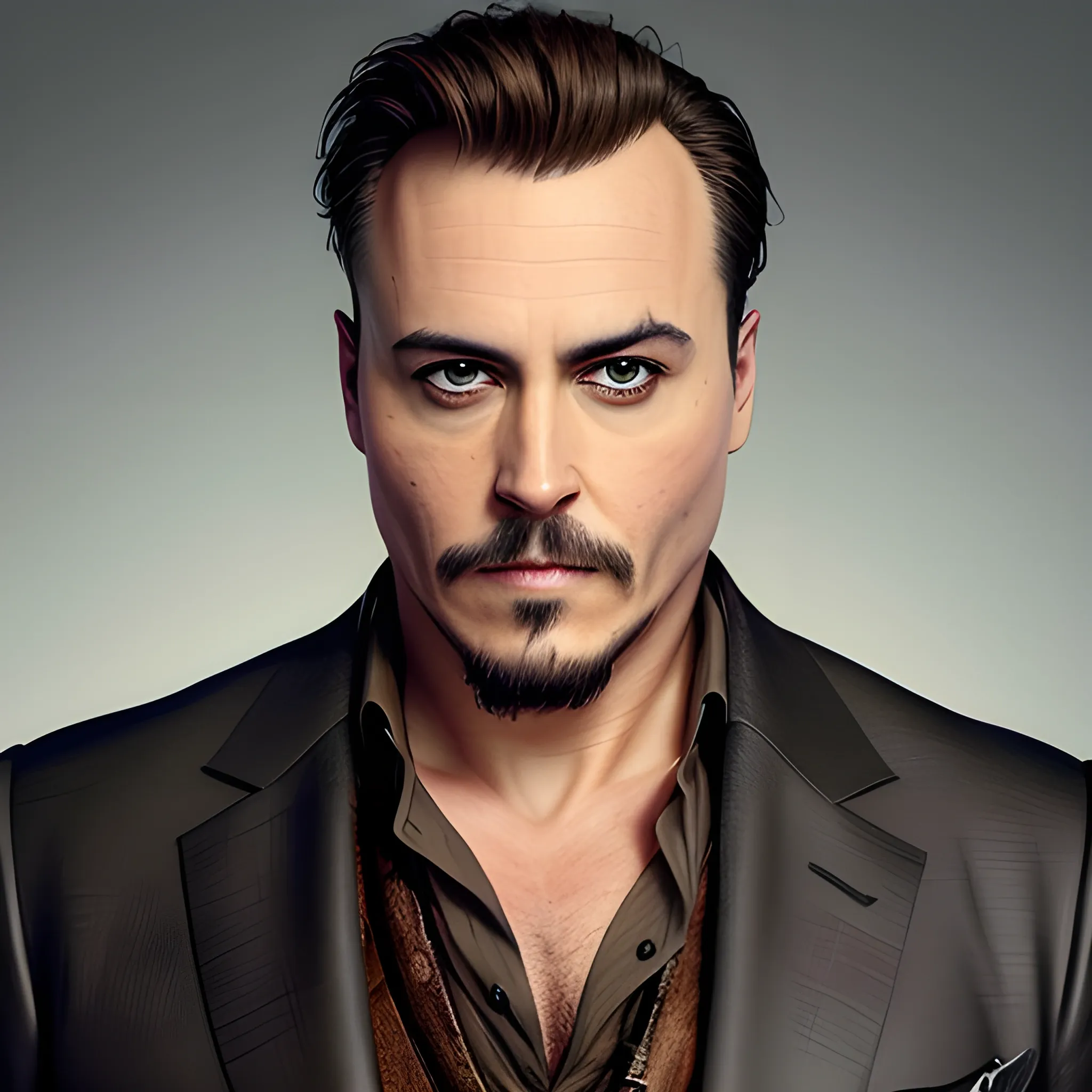 portrait of adult male slightly overweight, partially bald with brown hairs on the sides, angular head like Johnny Deep, brown eyes, slant eyes similar to Edward Norton's, tired look, very thin soft eyebrows, straight eyebrows, straight nose, thin lips, small chin, and short chin much like Jack Sparrow's. Without beautiful pectoral. Dressed in a sports jacket. masculine traits. Heterosexual. Large size. actual photo. Cinematic atmosphere. Delicate light.