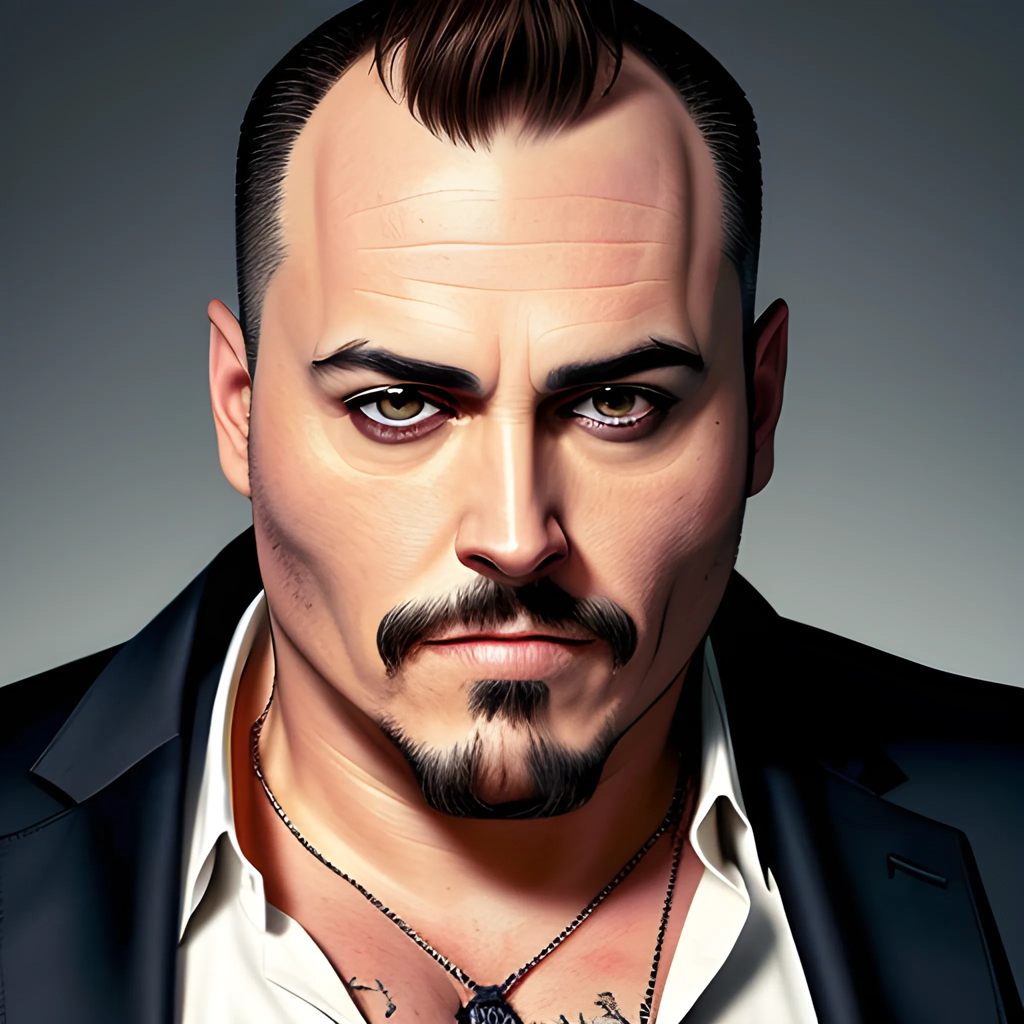 portrait of adult male slightly overweight, partially bald with brown hairs on the sides, angular head like Johnny Deep, brown eyes, slant eyes similar to Edward Norton's, tired look, very thin soft eyebrows, straight eyebrows, straight nose, thin lips, small chin, and short chin much like Jack Sparrow's. Without beautiful pectoral. Dressed in a sports jacket. masculine traits. Heterosexual. Large size. actual photo. Cinematic atmosphere. Delicate light.