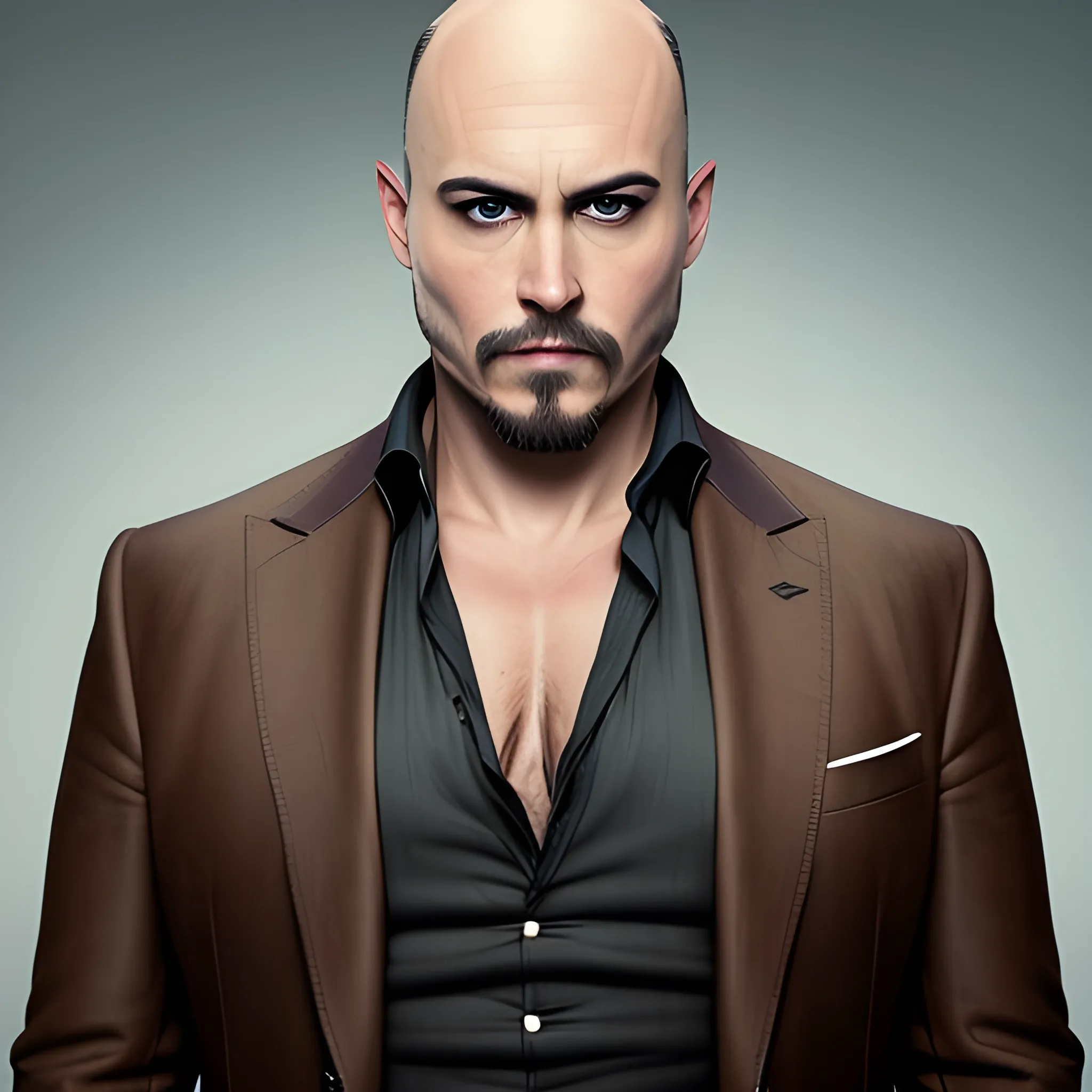 portrait of adult male slightly overweight, partially bald with brown hairs on the sides, angular head like Johnny Deep, brown eyes, slant eyes similar to Edward Norton's, tired look, very thin soft eyebrows, straight eyebrows, straight nose, thin lips, small chin, and short chin much like Jack Sparrow's. Without beautiful pectoral. Dressed in a sports jacket. masculine traits. Heterosexual. Large size. actual photo. Cinematic atmosphere. Delicate light.