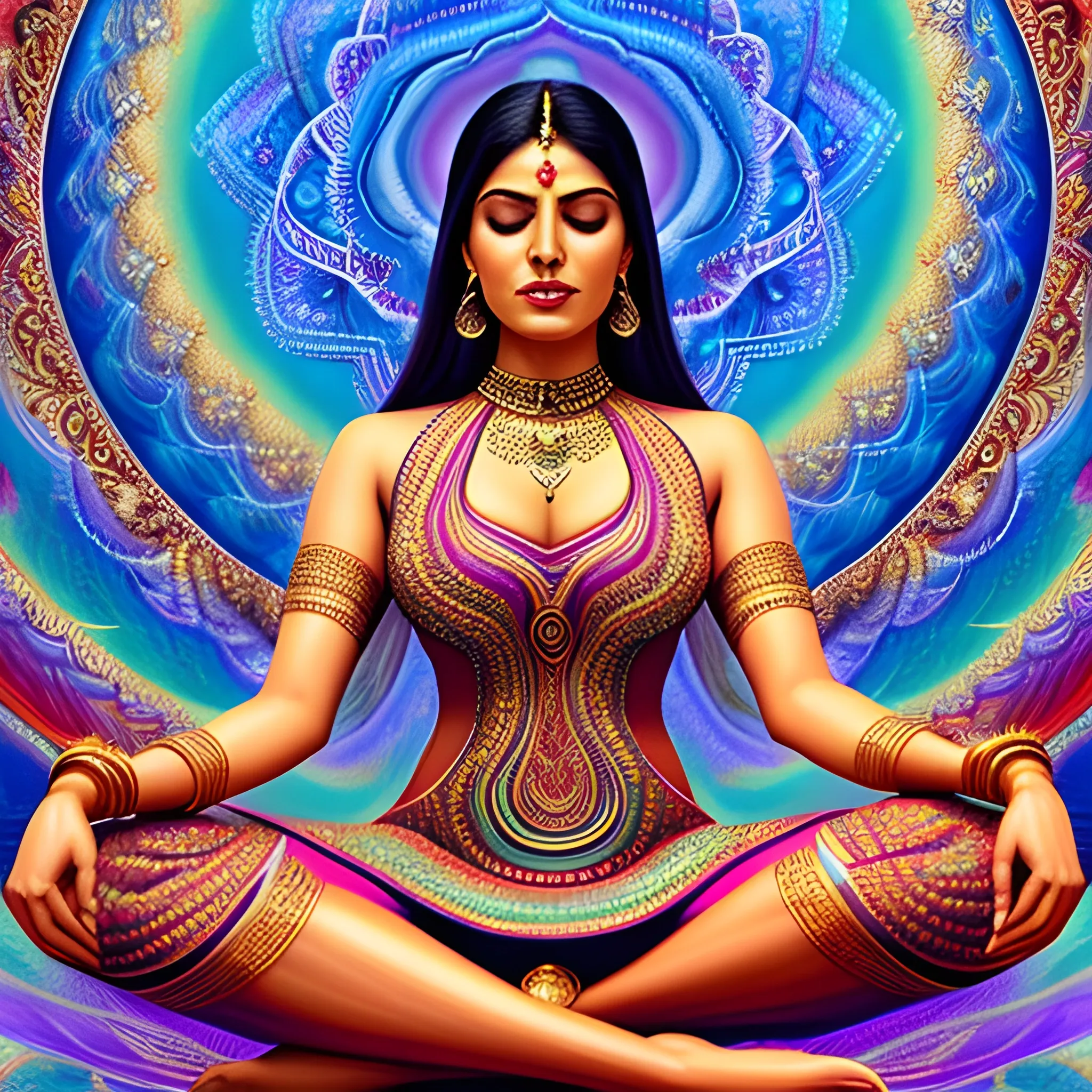 indian young woman cross leg meditation with open eye and wearing an ethical dress in the style of stefan kostic, realistic, sharp focus, 8k high definition, insanely detailed, intricate, elegant, art by stanley lau and artgerm, Trippy, Oil Painting, Trippy