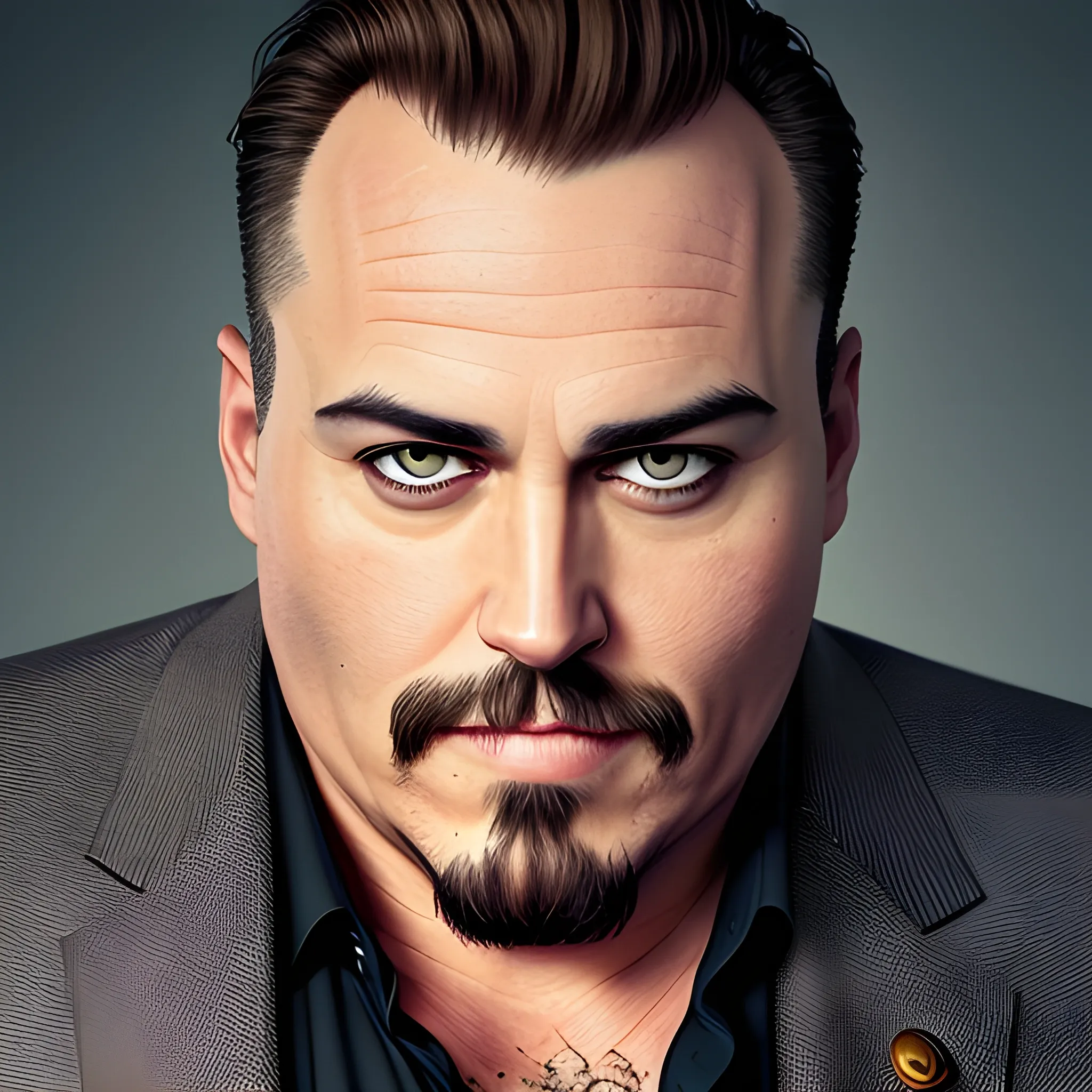 portrait of adult male slightly overweight, partially bald with brown hairs on the sides, angular head like Johnny Deep, brown eyes, slant eyes similar to Edward Norton's, tired look, very thin soft eyebrows, straight eyebrows, straight nose, thin lips, small chin, and short chin much like Jack Sparrow's. Without beautiful pectoral. Dressed in a sports jacket. masculine traits. Heterosexual. Smiling. Large size. actual photo. Cinematic atmosphere. Delicate light.