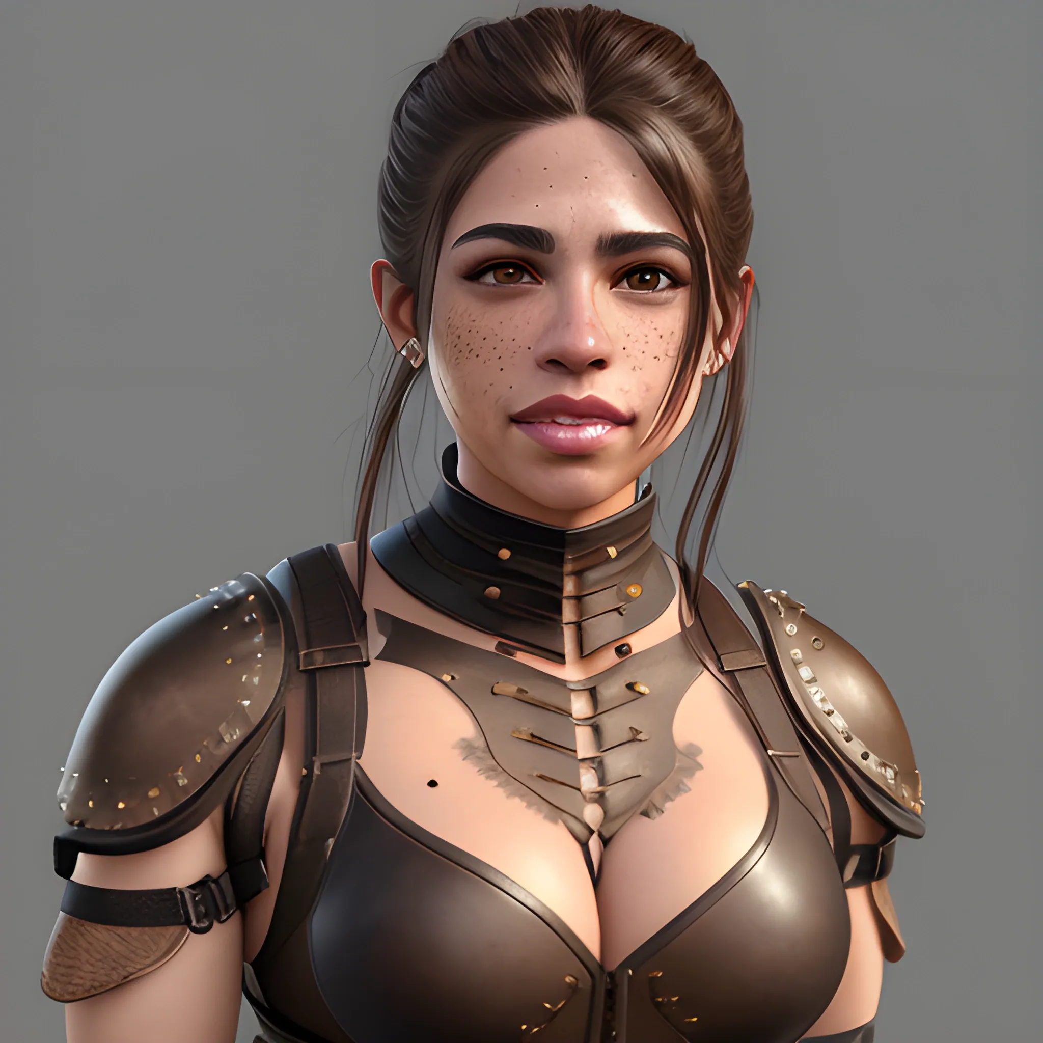 Masterpiece, full-body, realistic 3D, adult Hispanic female, leather armor, sports bra, ripped jeans, black eyes, cleft chin, chin dimple, cheek dimples, freckles, brown skin, full lips