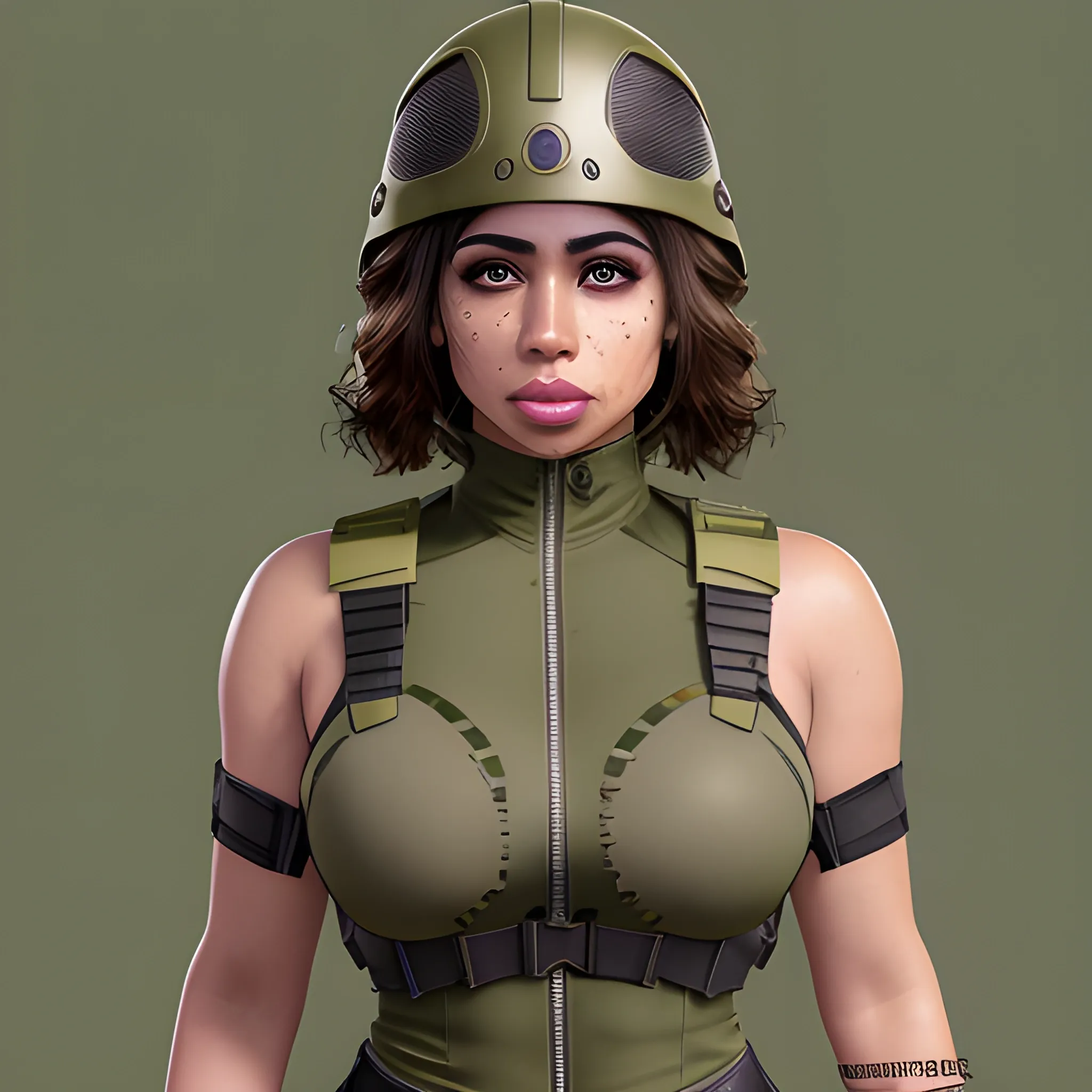 Masterpiece, full-body, realistic 3D, adult Hispanic female, green kevlar vest, green combat helmet, ripped jeans, black eyes, cleft chin, chin dimple, cheek dimples, freckles, brown skin, full lips