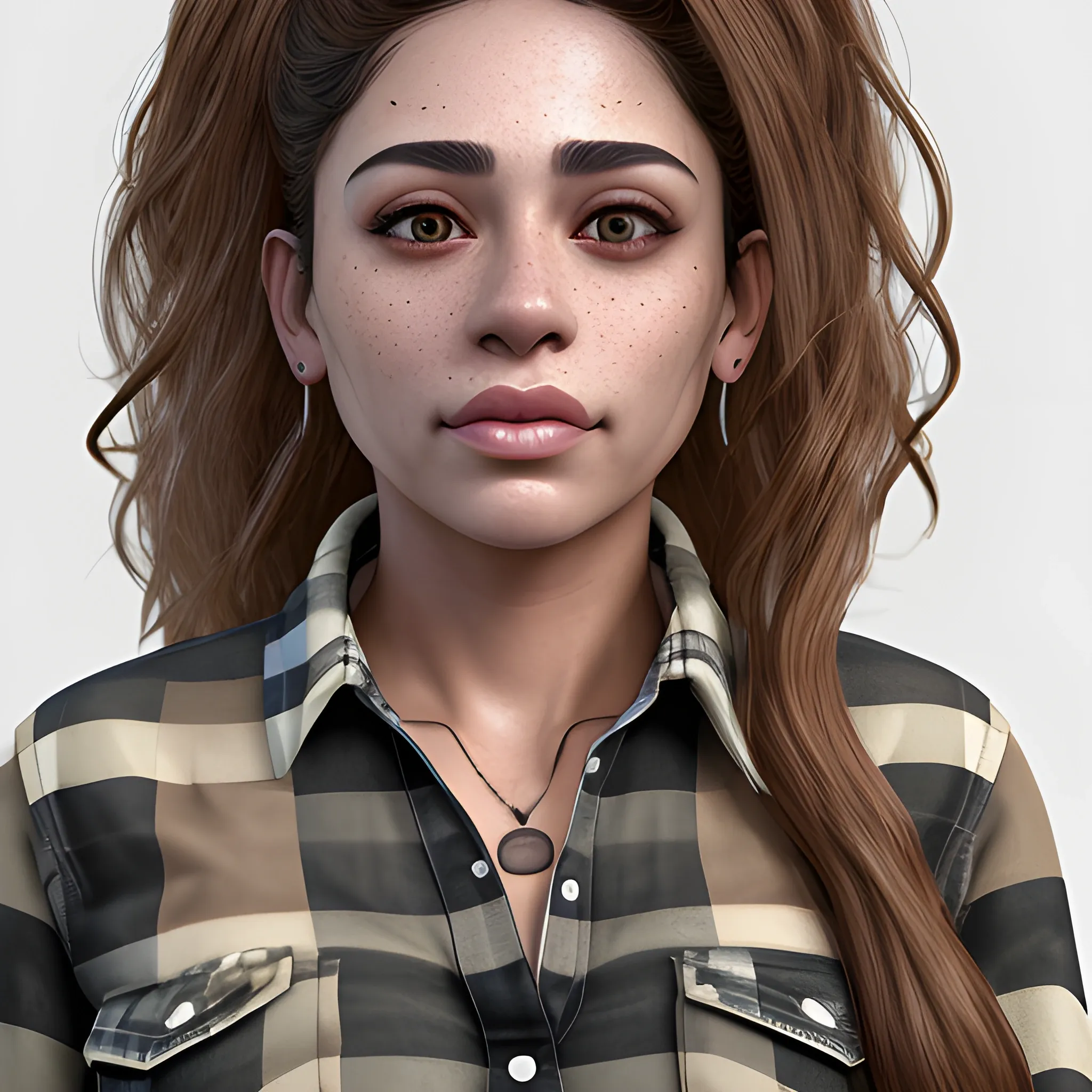 Masterpiece, portrait, realistic 3D, adult Hispanic female, fit body, unbuttoned flannel shirt, ripped jeans, black eyes, cleft chin, chin dimple, cheek dimples, freckles, brown skin, full lips
