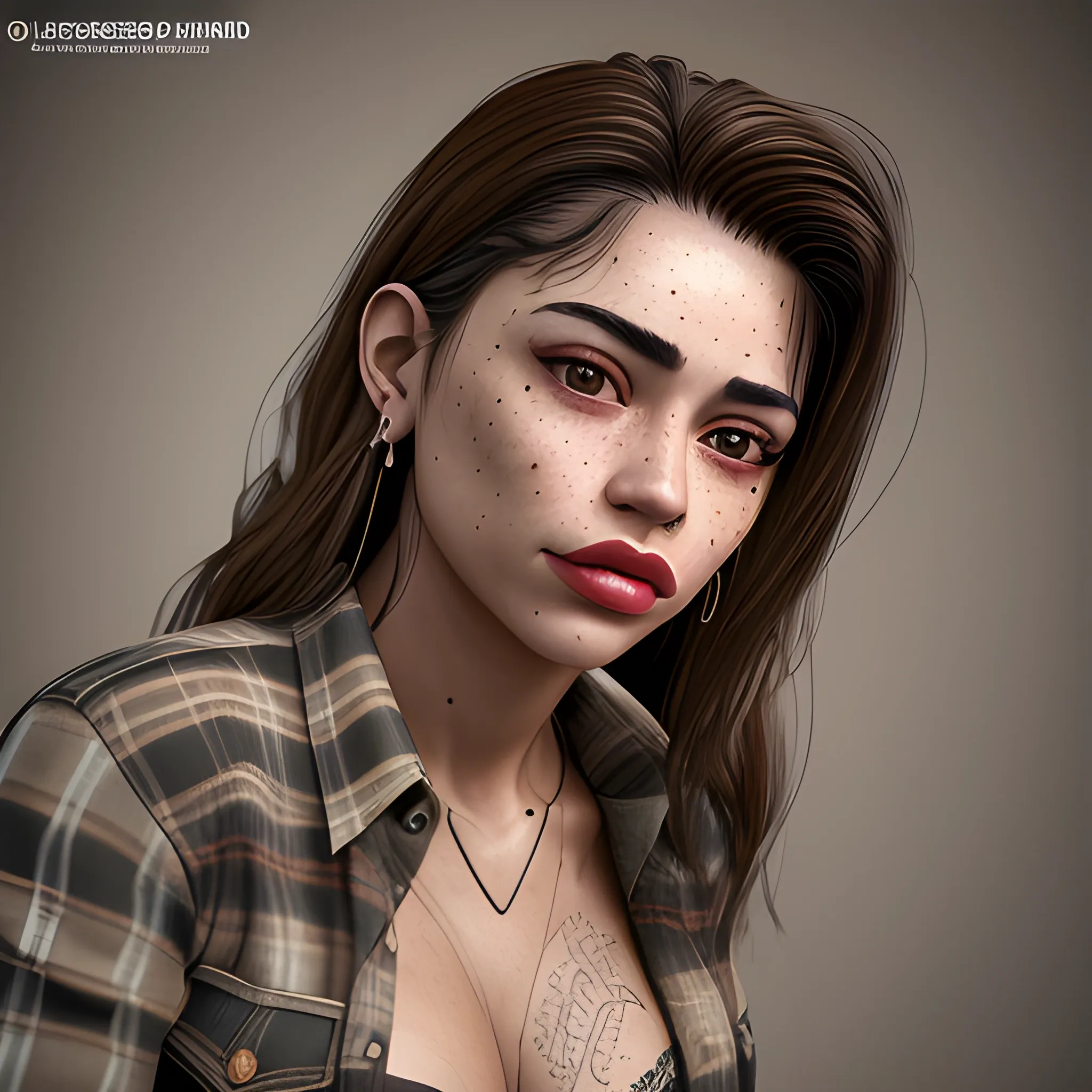 Masterpiece, portrait, realistic 3D, adult Hispanic female, fit body, unbuttoned flannel shirt, ripped jeans, black eyes, cleft chin, chin dimple, cheek dimples, freckles, brown skin, full lips