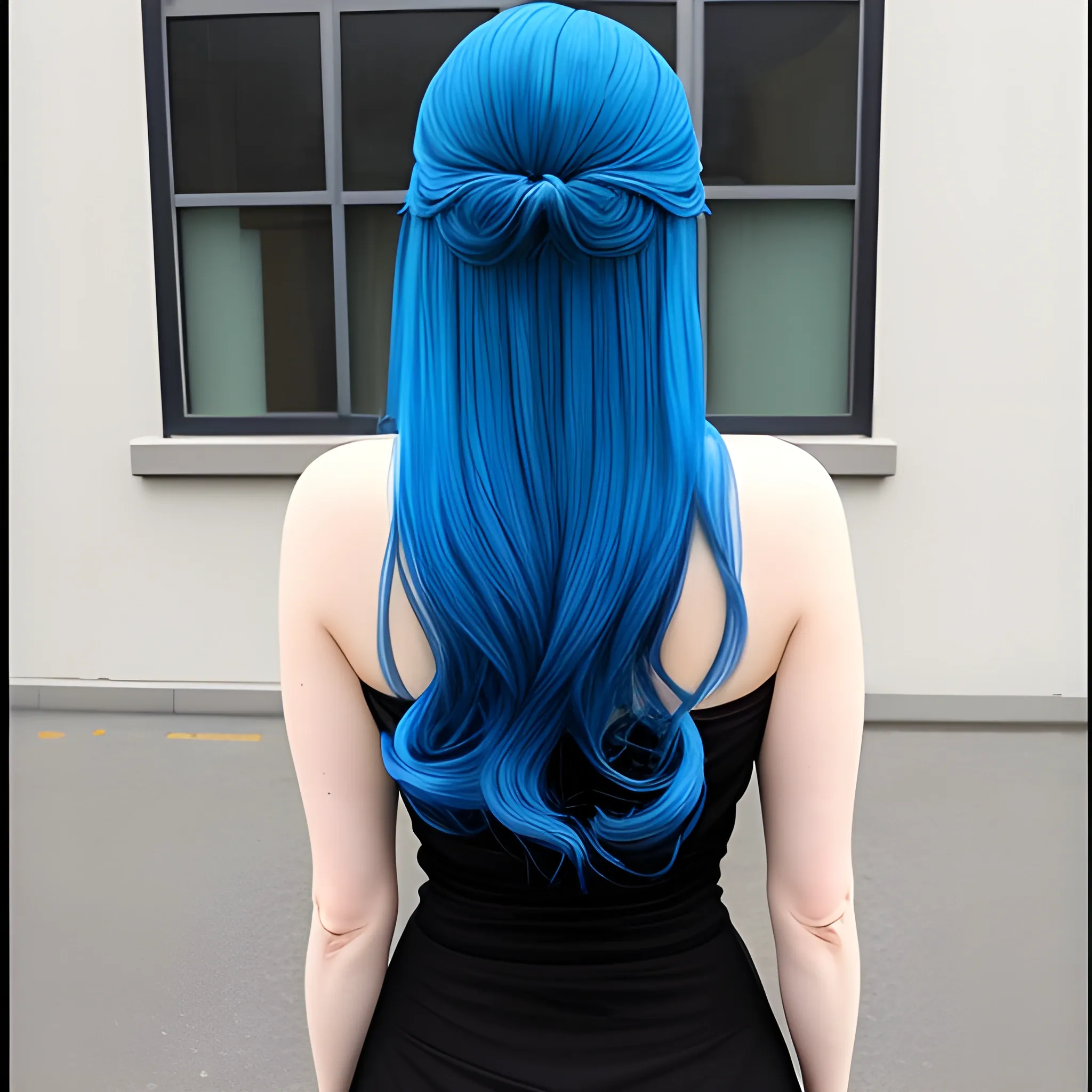 Girl Big eyes, blue hair, back view , girl anime , no more fingers, no more arms and foots
