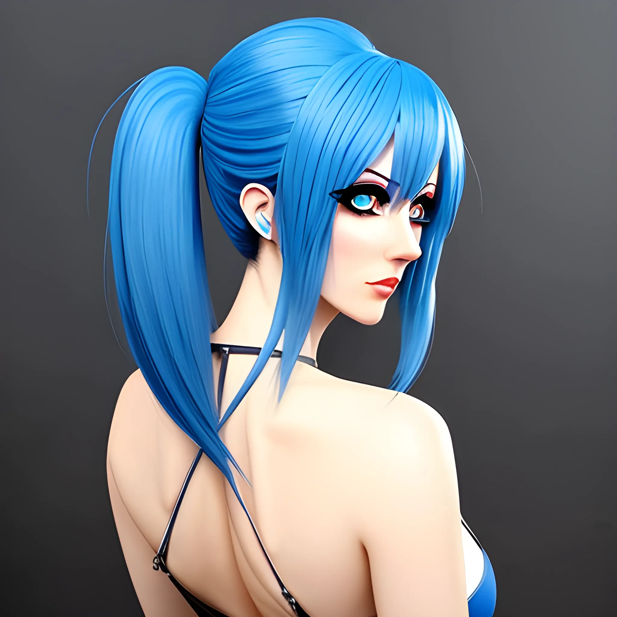 Girl Big eyes, blue hair, back view and head 3/4 , girl anime , no more fingers, no more arms and foots, Have a gun with tactic Simbols
