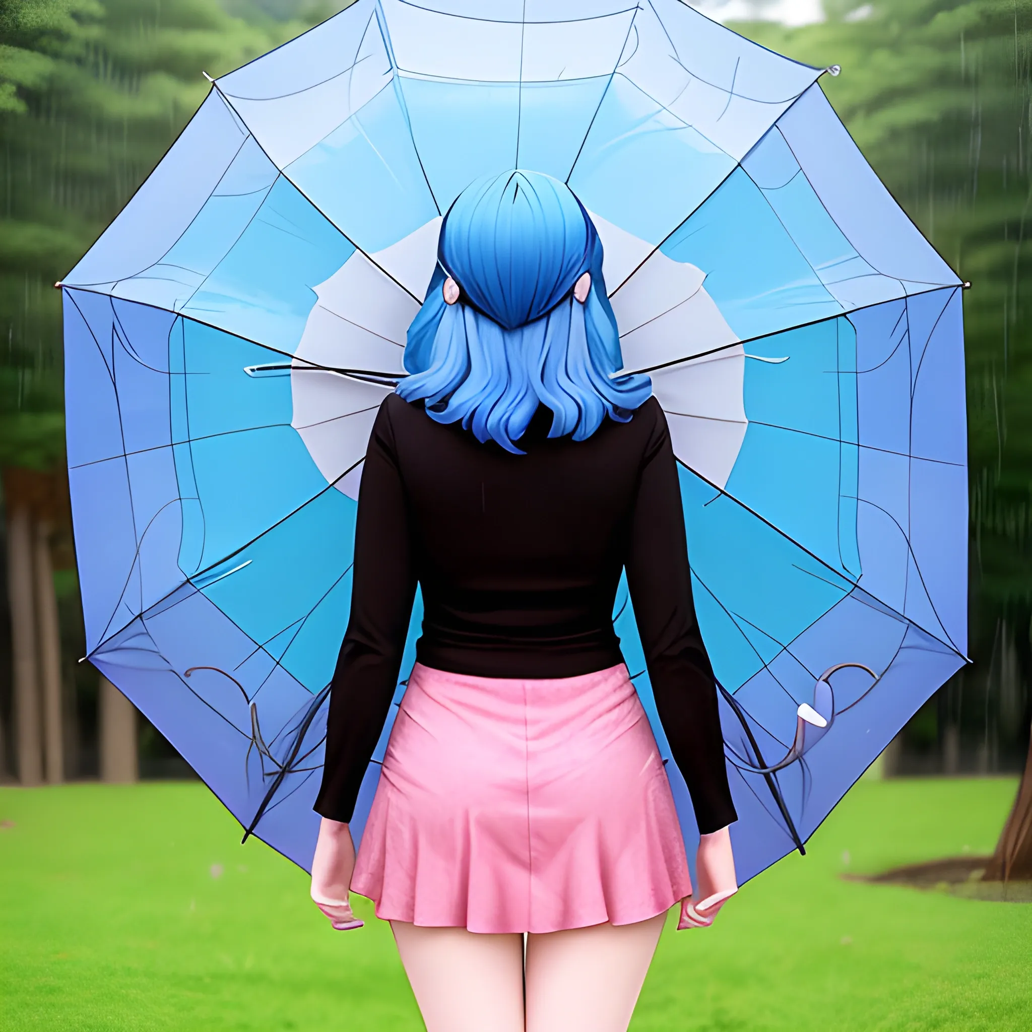 Girl Big eyes, No error eyes,  blue hair, back view and head 3/4 , girl anime , no more fingers, no more arms and foots, have a umbrella in the lef hand
