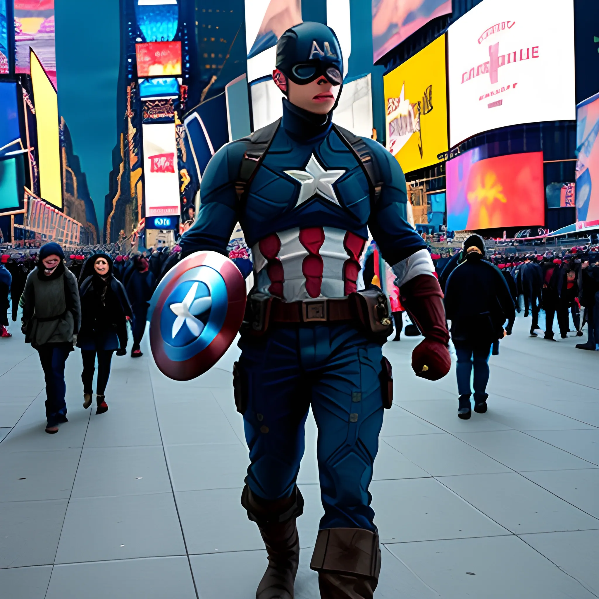 /imagine prompt: Captain America walks in Times Square in New York City, USA.:: futuristic::1 sunlight::1 DSLR::1 RGB::1 nylon::1 defocus::-0.5 --ar 2:1 --v 4 --quality 2 --seed 3000 --chaos 40