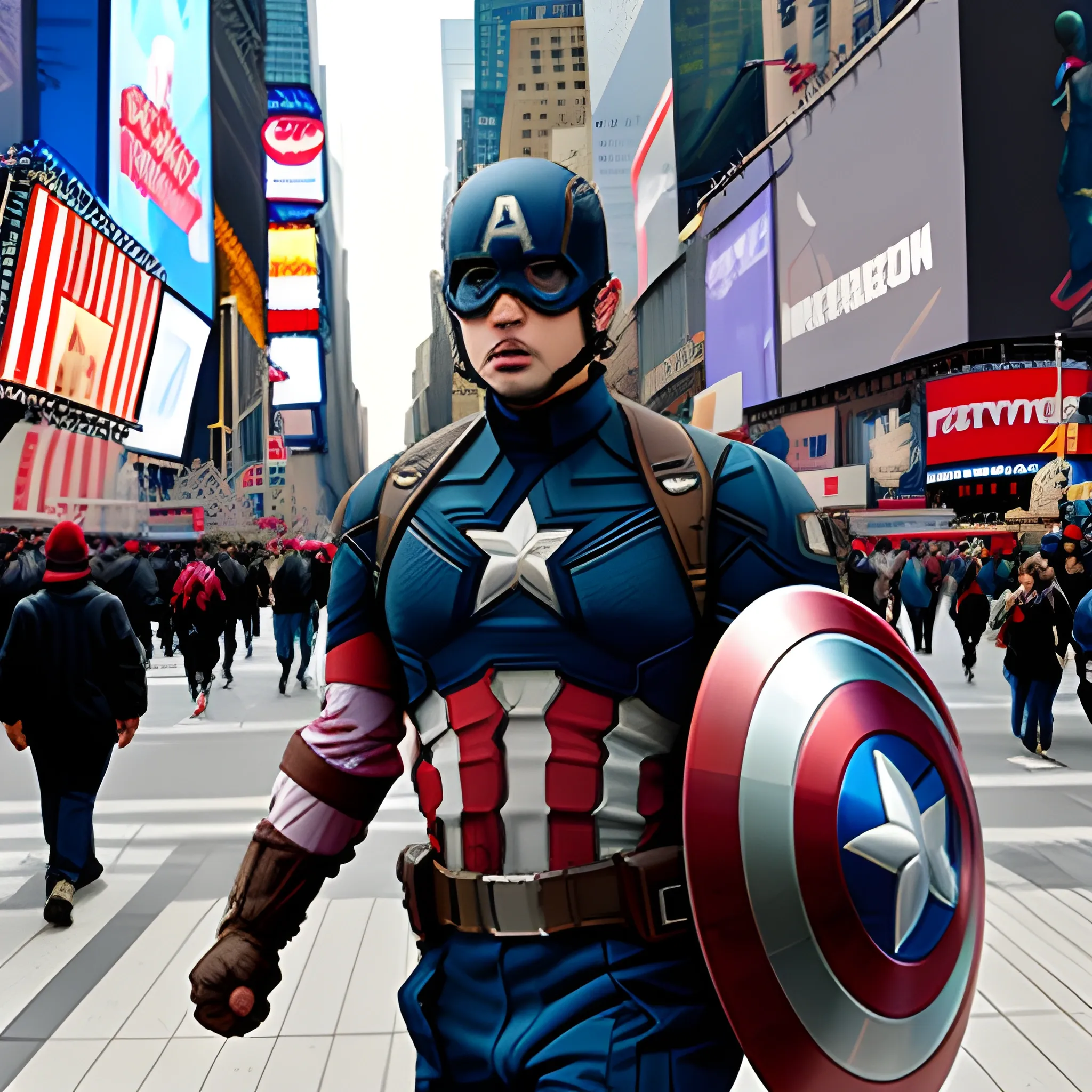 Captain America walks in Times Square in New York, USA.