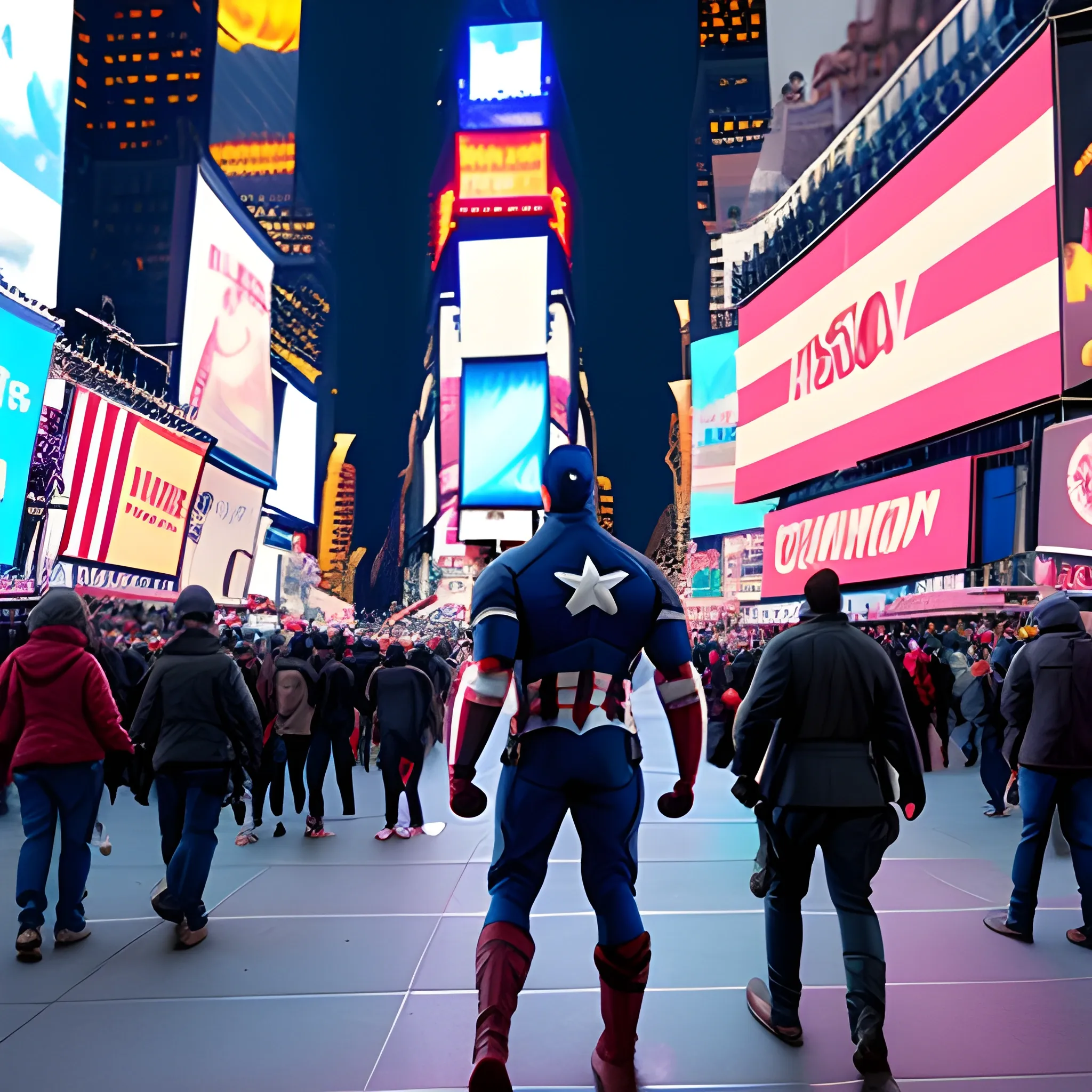 /imagine prompt: Captain America walks in Times Square in New York, USA.:: defocus::-0.5 --ar 16:9 --v 5.1 --quality 5 --s 1000 --seed 3000 --c 40.