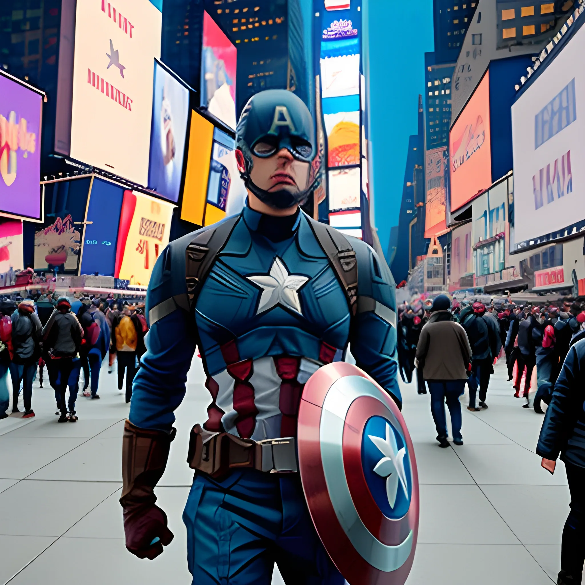 /imagine prompt: Captain America walks in Times Square in New York, USA.:: defocus::-0.5 --ar 16:9 --v 5.1 --quality 5 --s 1000 --seed 3000 --c 40.