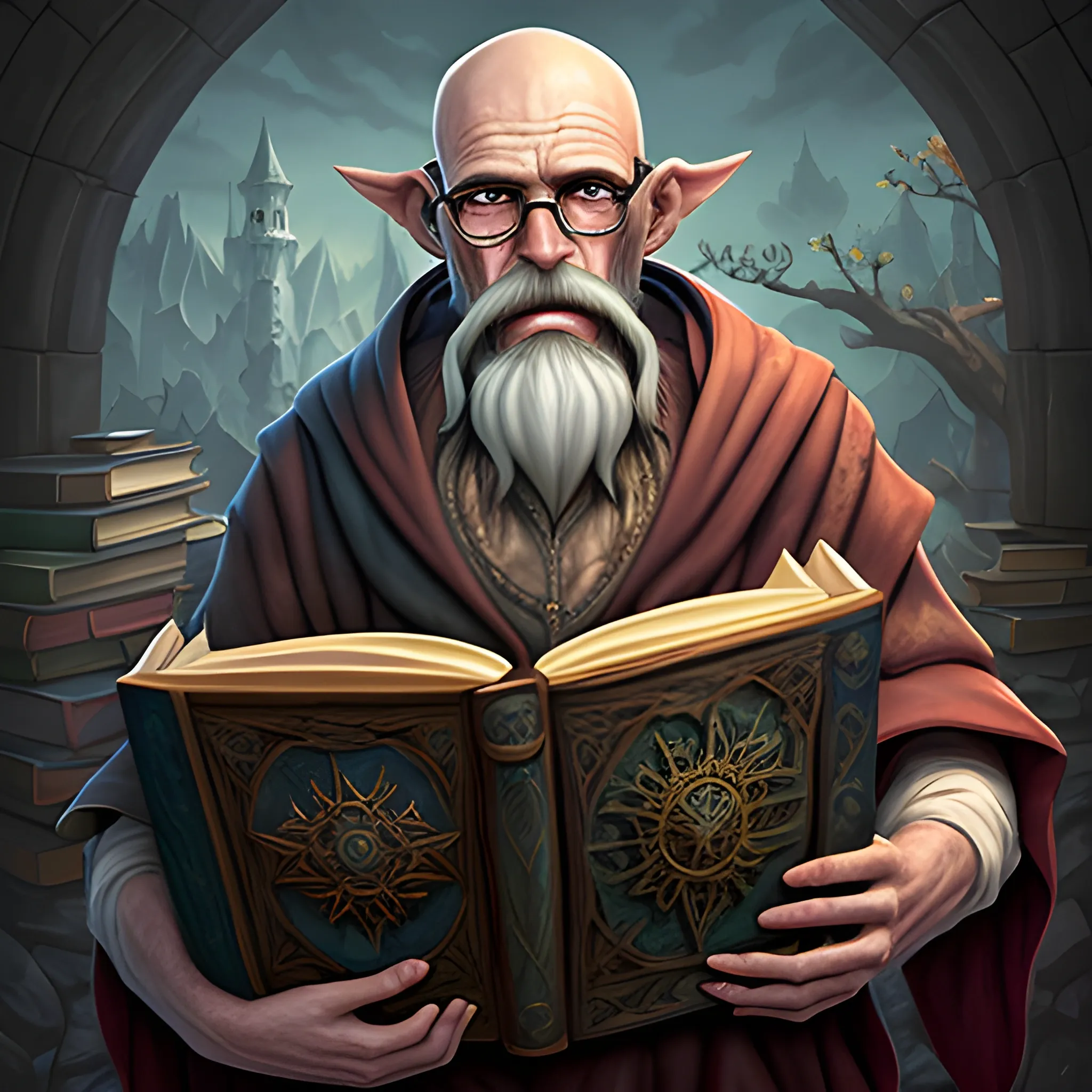 withered oldman mage with huge book fantasy art 

