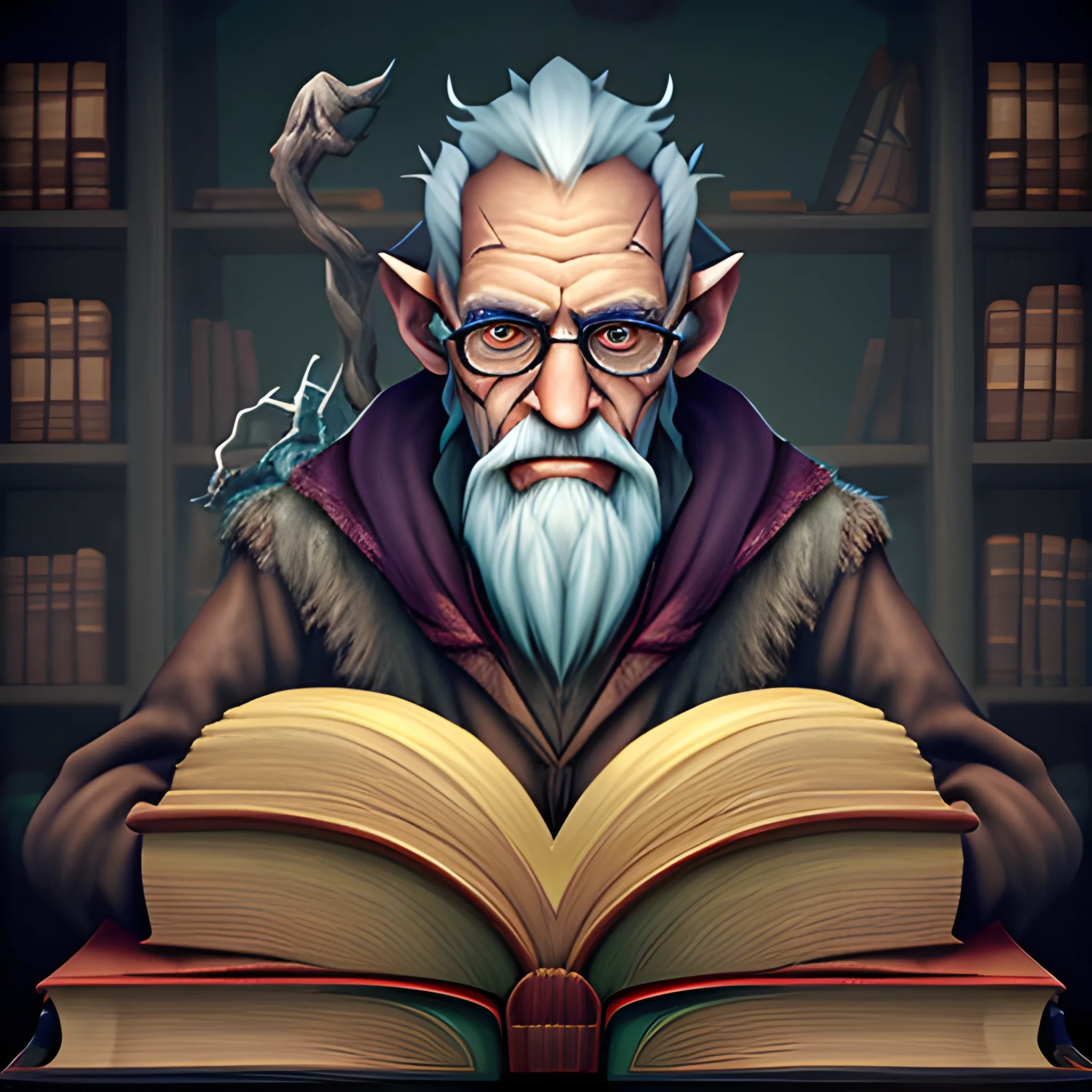 withered oldman mage with huge book portrait art 

