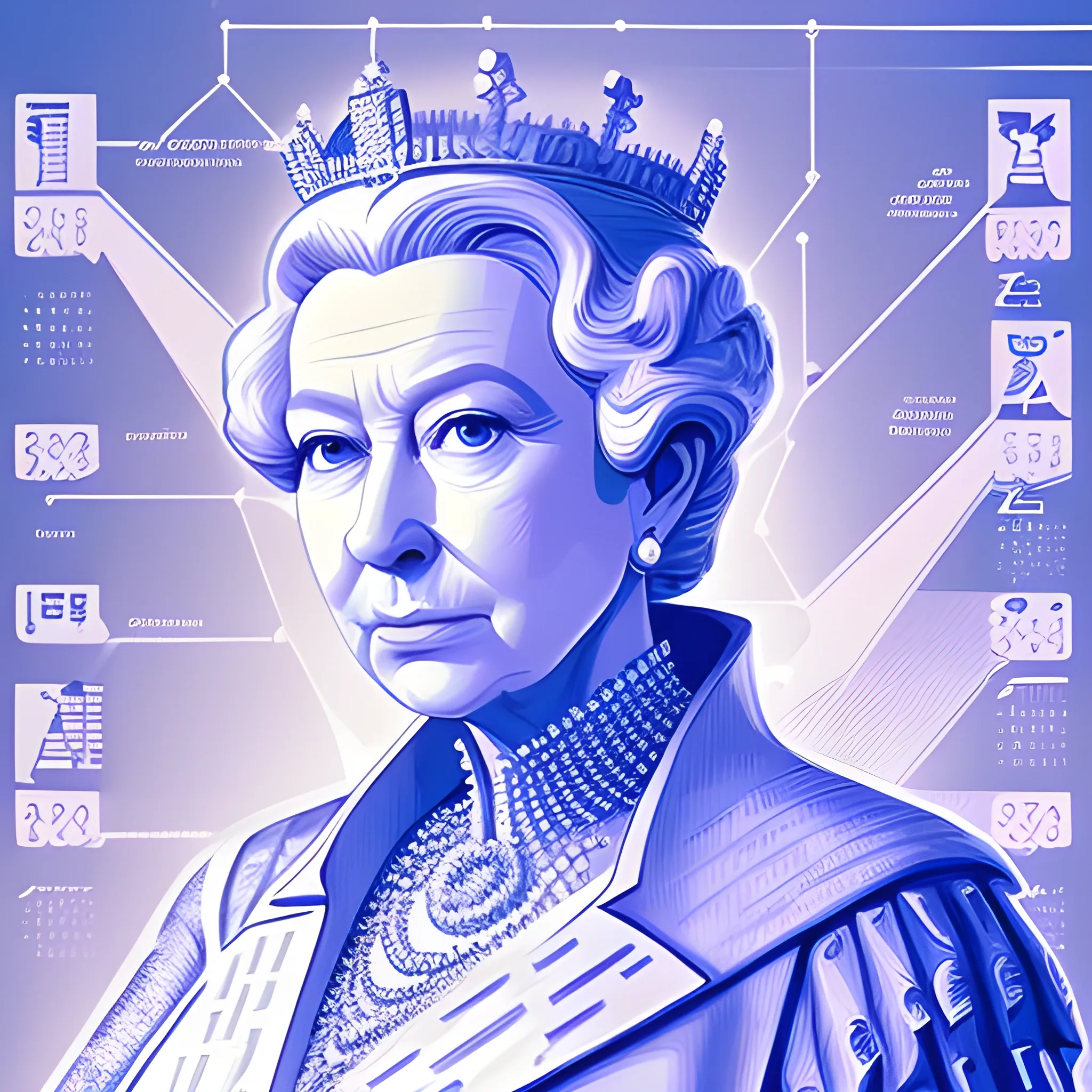 Create an illustration depicting the chess' queen as the mastermind of data strategy, a strategic genius orchestrating the intricate moves of data-driven success. The queen is portrayed as a powerful and influential figure, exuding confidence and intelligence. The illustration should capture the queen in a commanding pose, with a regal demeanor and a discerning gaze. Surrounding the queen, incorporate elements that symbolize data, such as flowing data streams or interconnected data points, representing her ability to harness and leverage information for strategic decision-making. The illustration should convey the queen's role as the driving force behind data-driven initiatives, guiding the organization towards innovation, growth, and competitive advantage.
